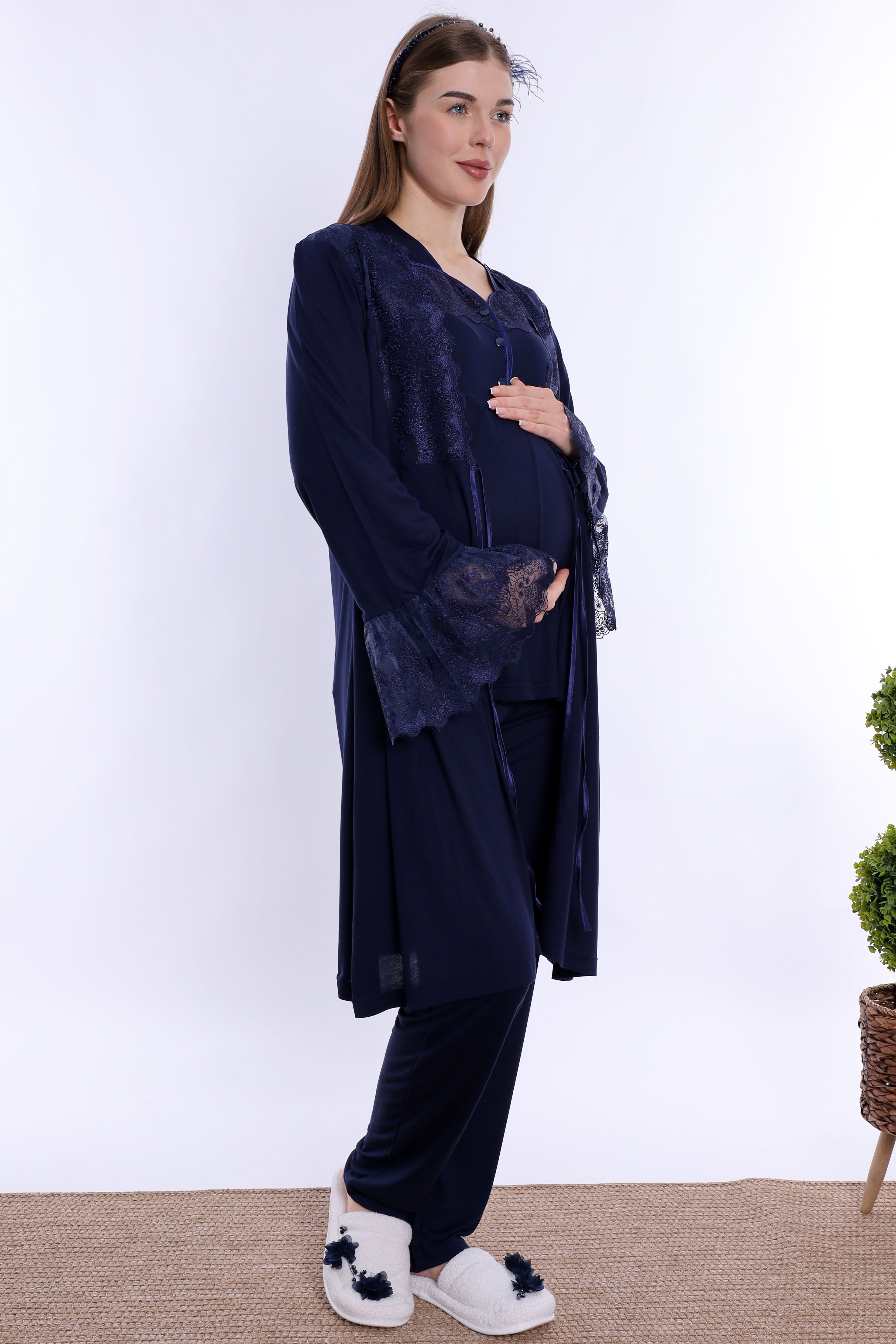 240842 Emzirme Özellikli Sabahlıklı Hamile Lohusa Pijama Takımı  - Lacivert