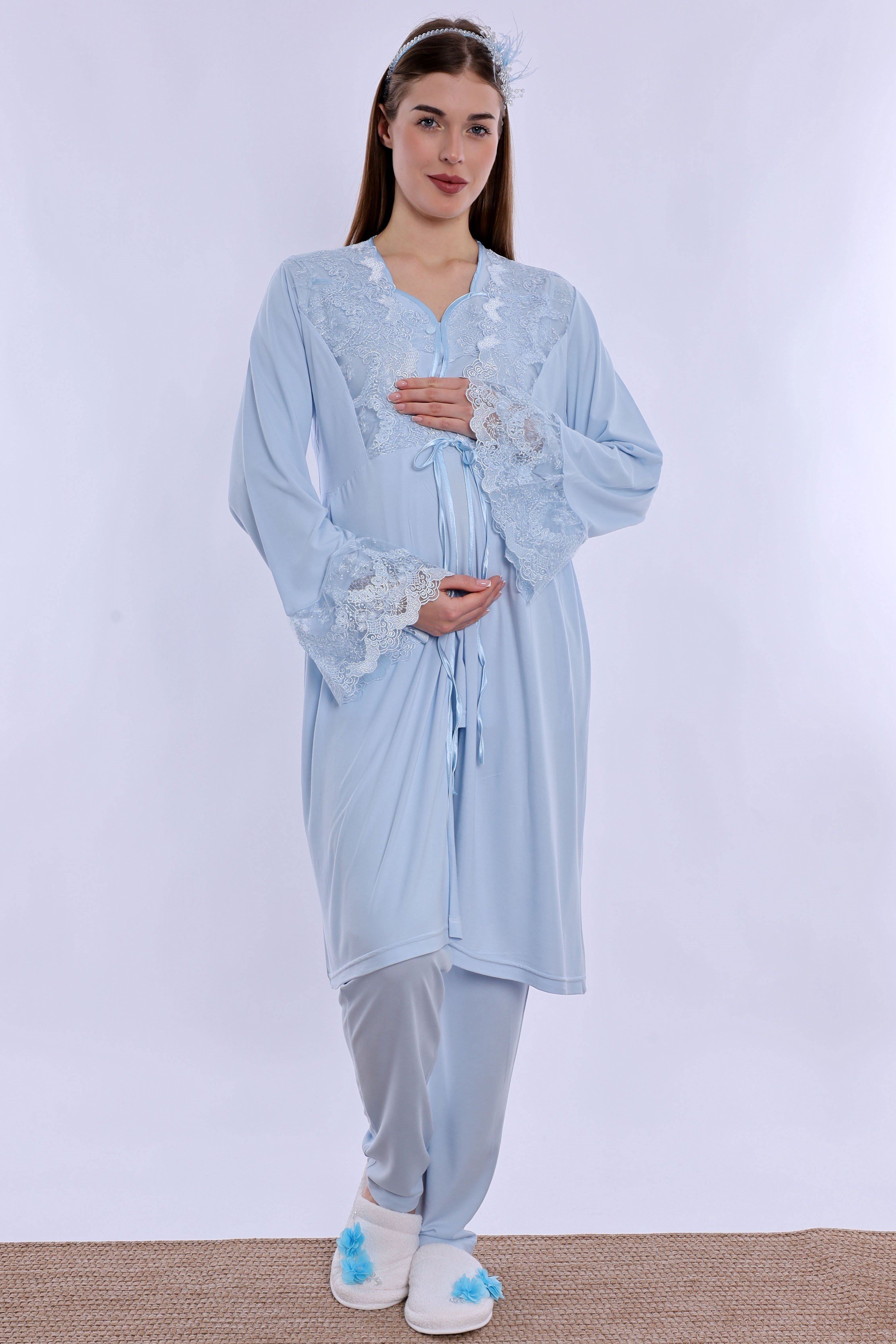 240842 Emzirme Özellikli Sabahlıklı Hamile Lohusa Pijama Takımı  - Mavi