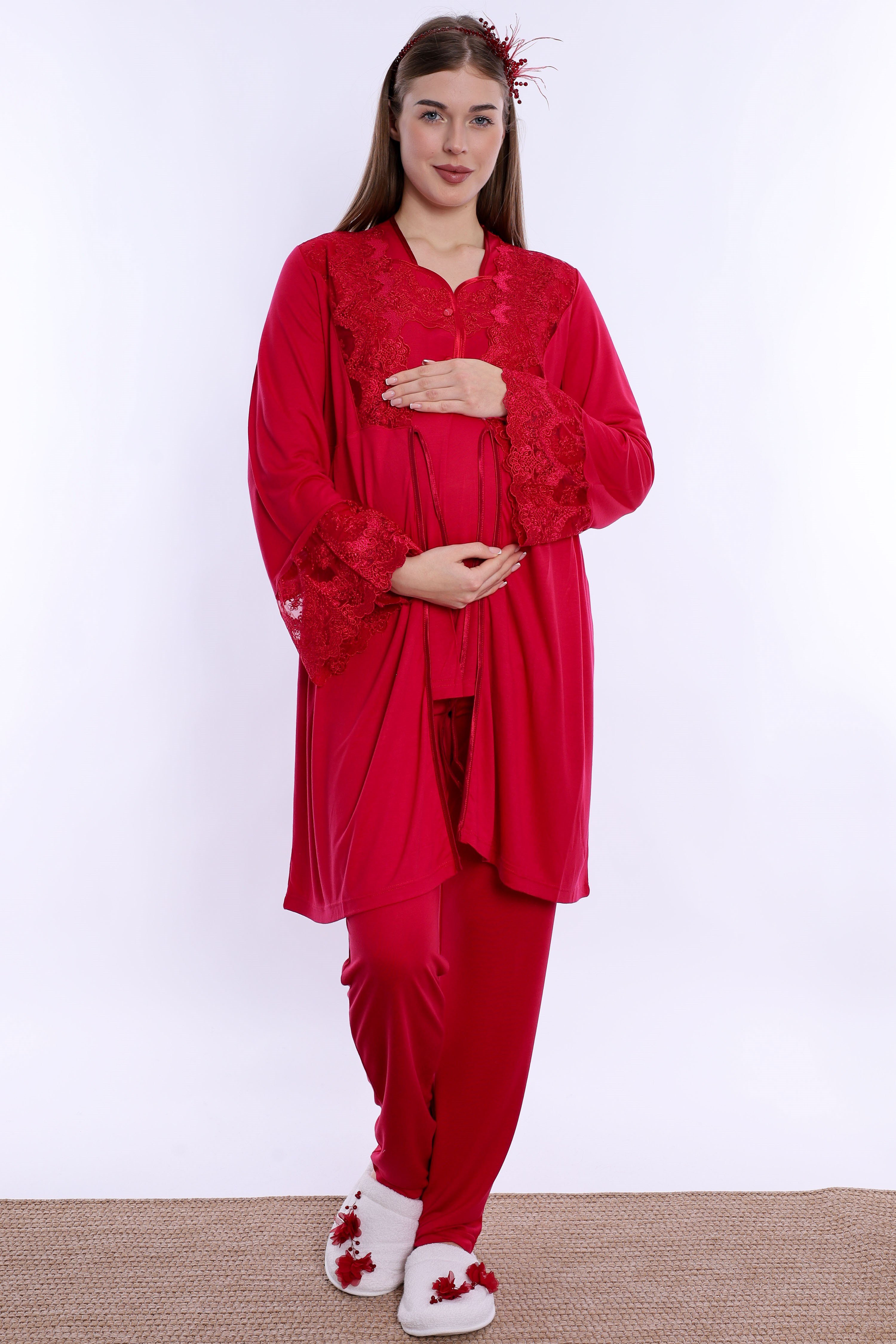 240842 Emzirme Özellikli Sabahlıklı Hamile Lohusa Pijama Takımı  - Vişne