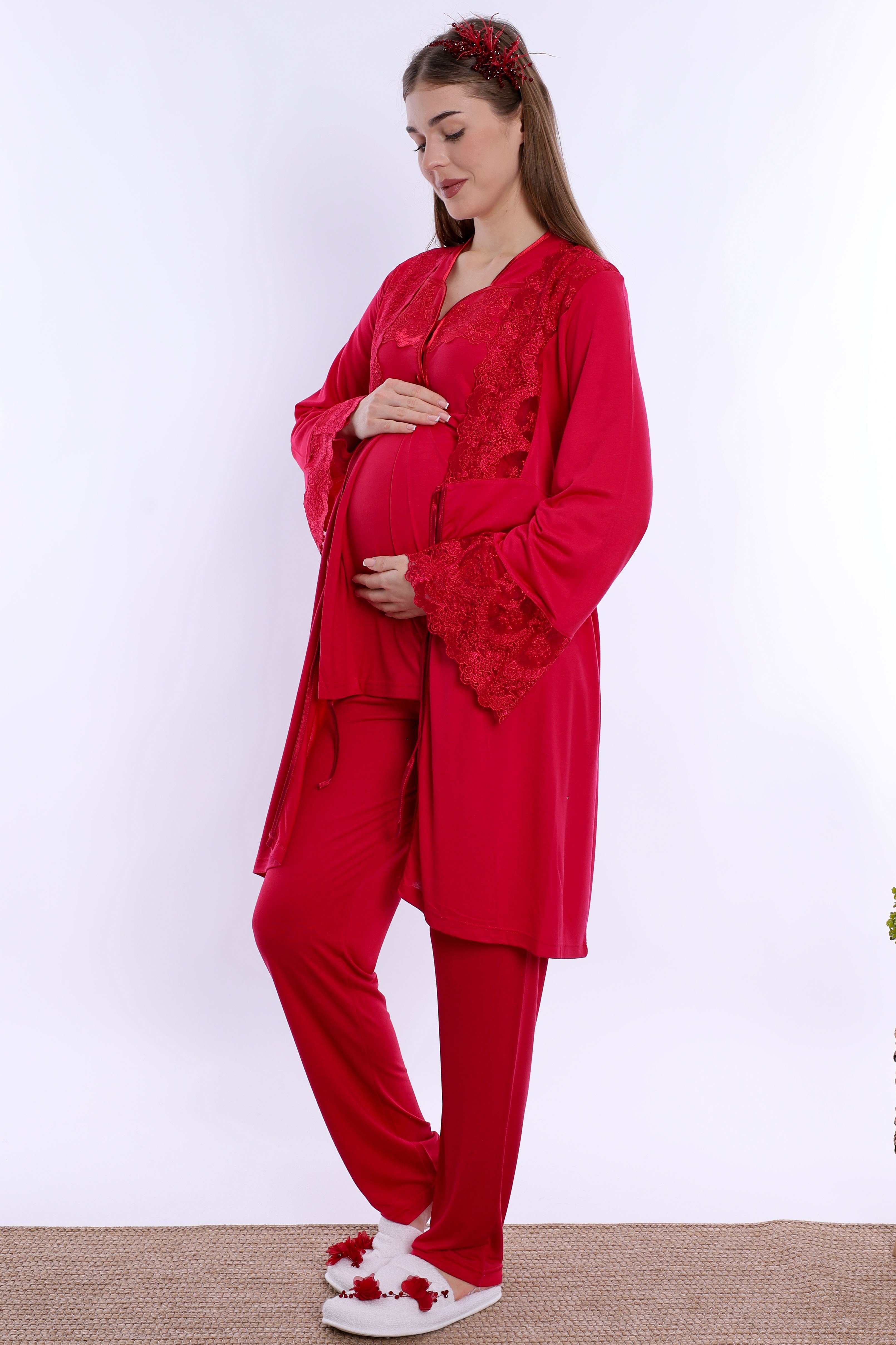 240842 Emzirme Özellikli Sabahlıklı Hamile Lohusa Pijama Takımı  - Vişne