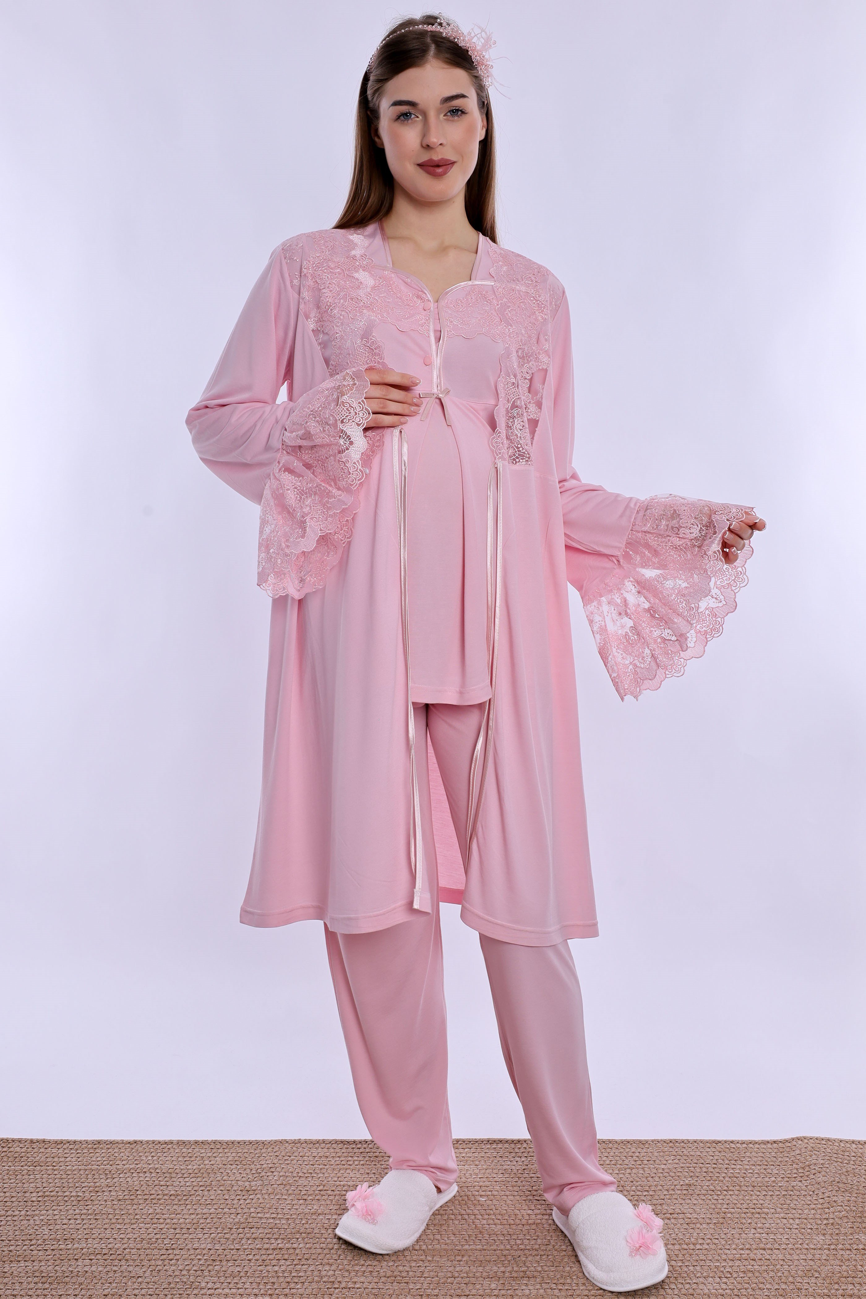 240842 Emzirme Özellikli Sabahlıklı Hamile Lohusa Pijama Takımı  - Pembe