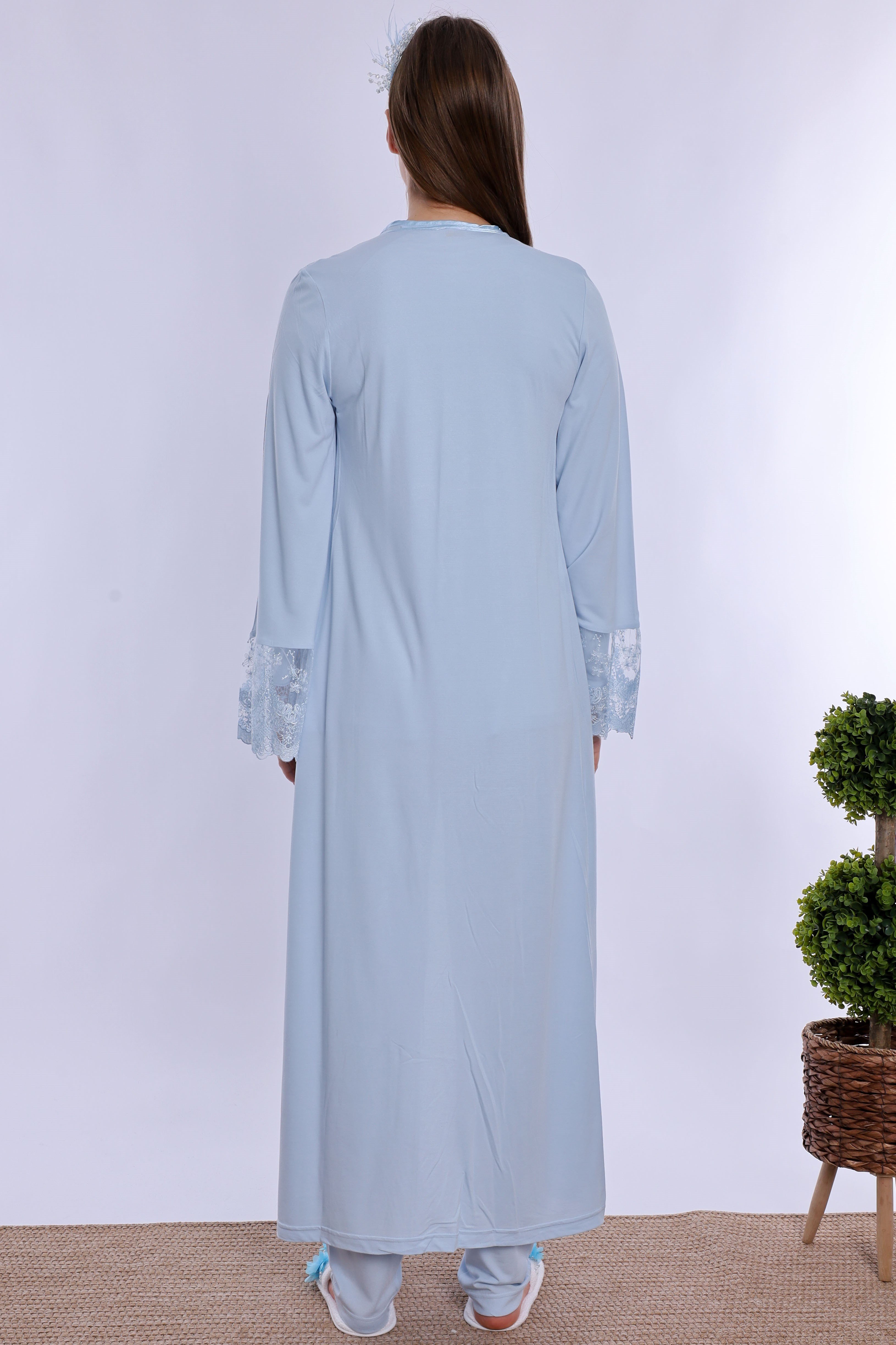 240872 Pamuklu Uzun Sabahlıklı Hamile Lohusa Emzirme Pijama Takımı  - Mavi