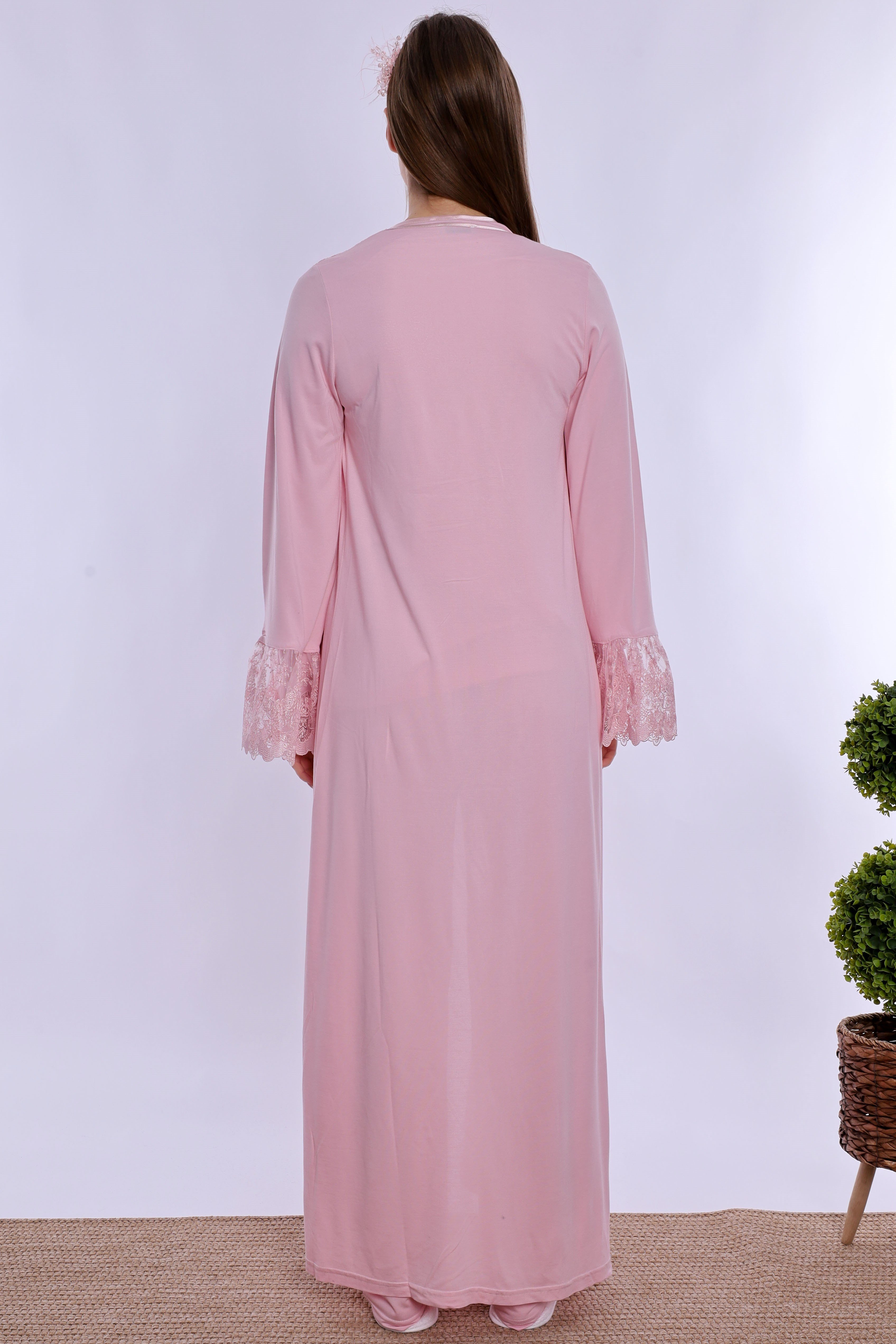 240872 Pamuklu Uzun Sabahlıklı Hamile Lohusa Emzirme Pijama Takımı  - Pembe