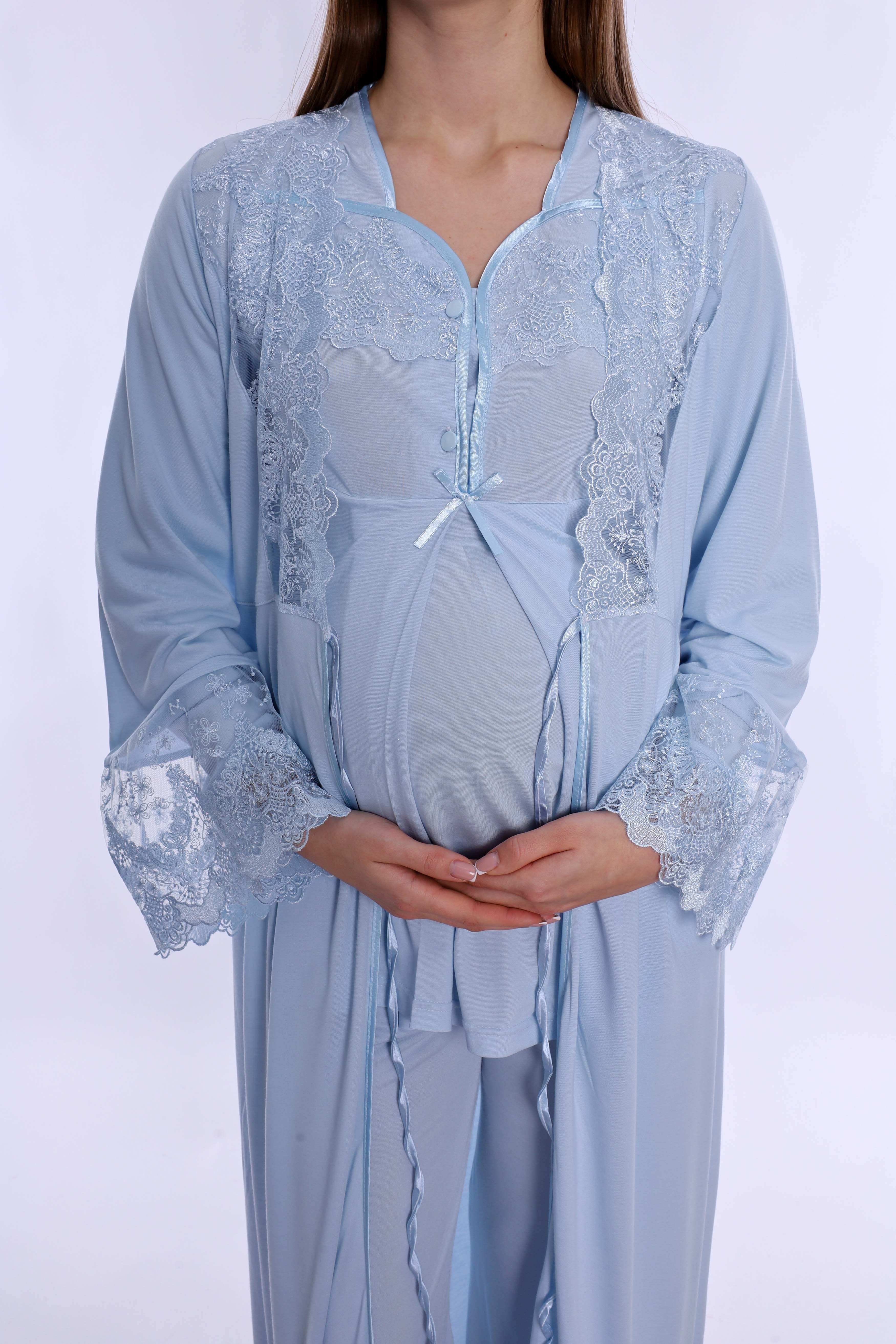 240872 Pamuklu Uzun Sabahlıklı Hamile Lohusa Emzirme Pijama Takımı  - Mavi