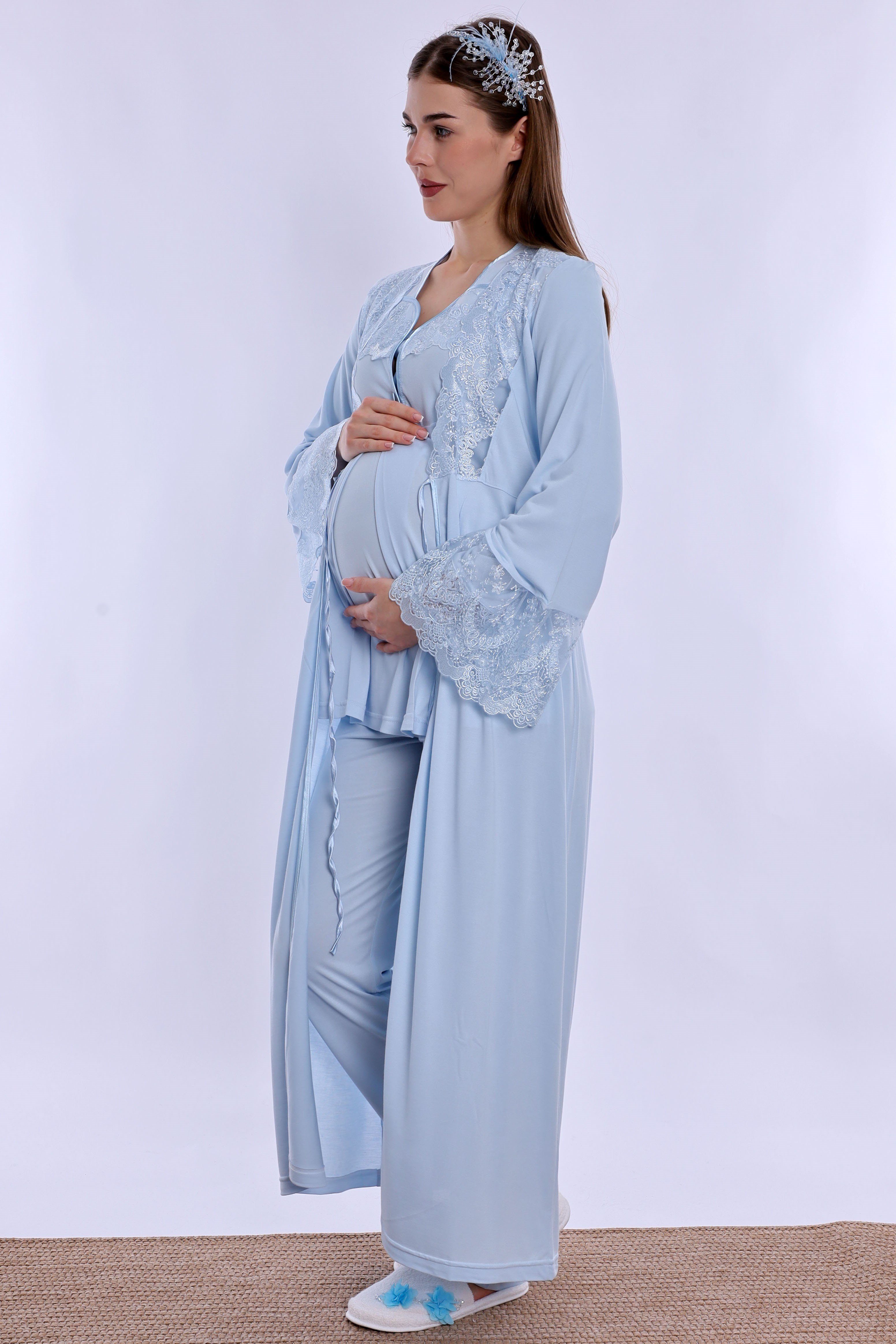 240872 Pamuklu Uzun Sabahlıklı Hamile Lohusa Emzirme Pijama Takımı  - Mavi