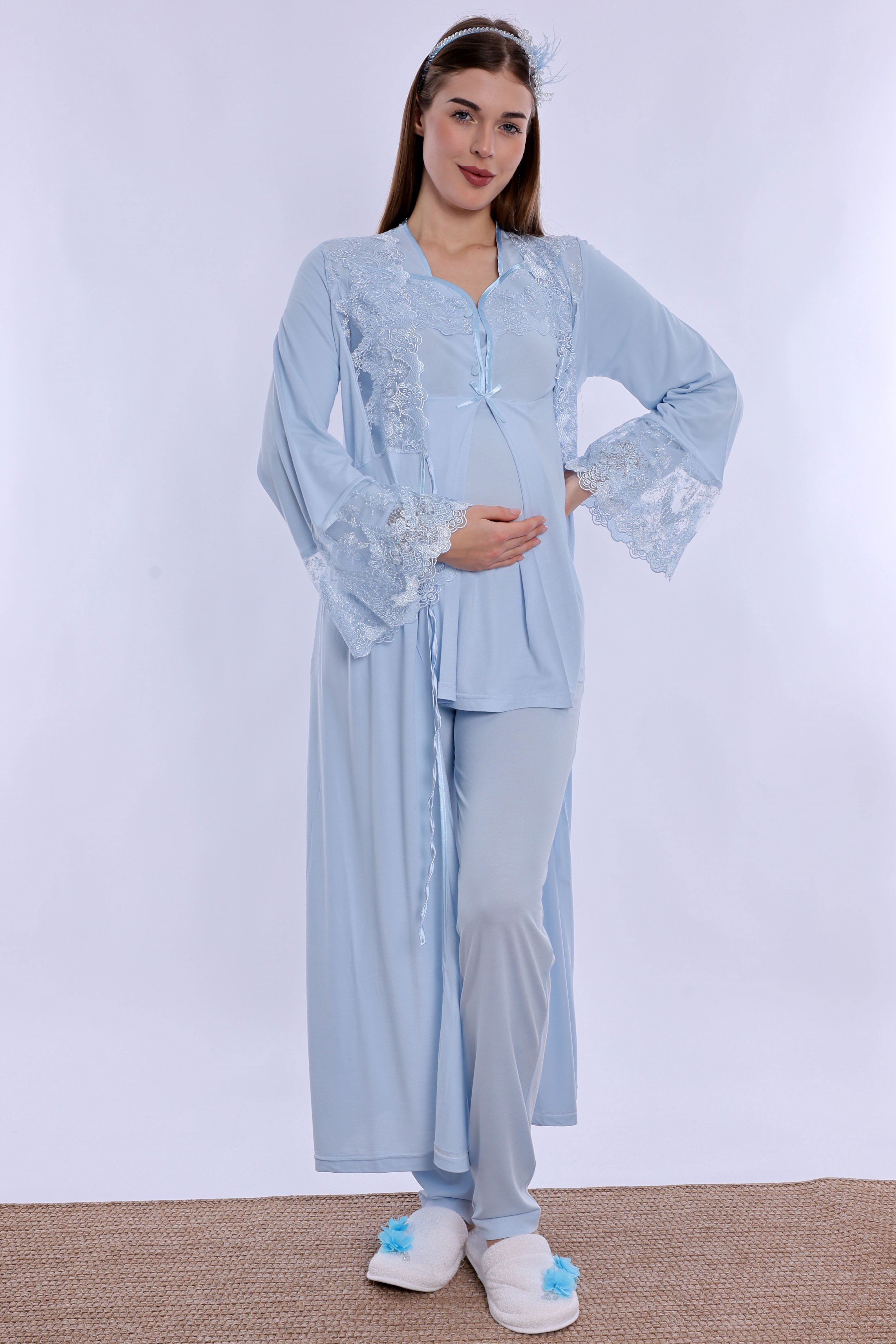 240872 Pamuklu Uzun Sabahlıklı Hamile Lohusa Emzirme Pijama Takımı  - Mavi