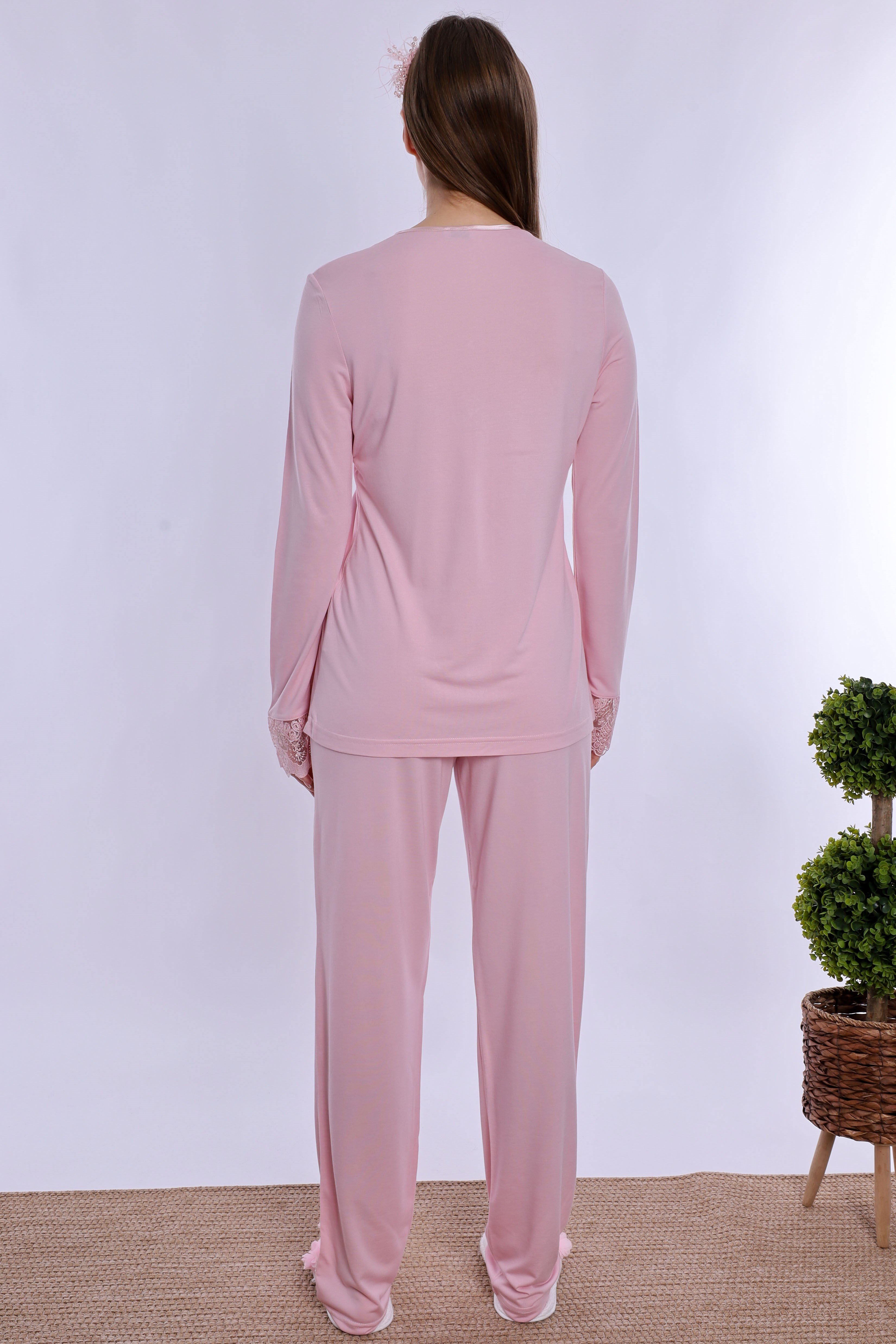 240872 Pamuklu Uzun Sabahlıklı Hamile Lohusa Emzirme Pijama Takımı  - Pembe