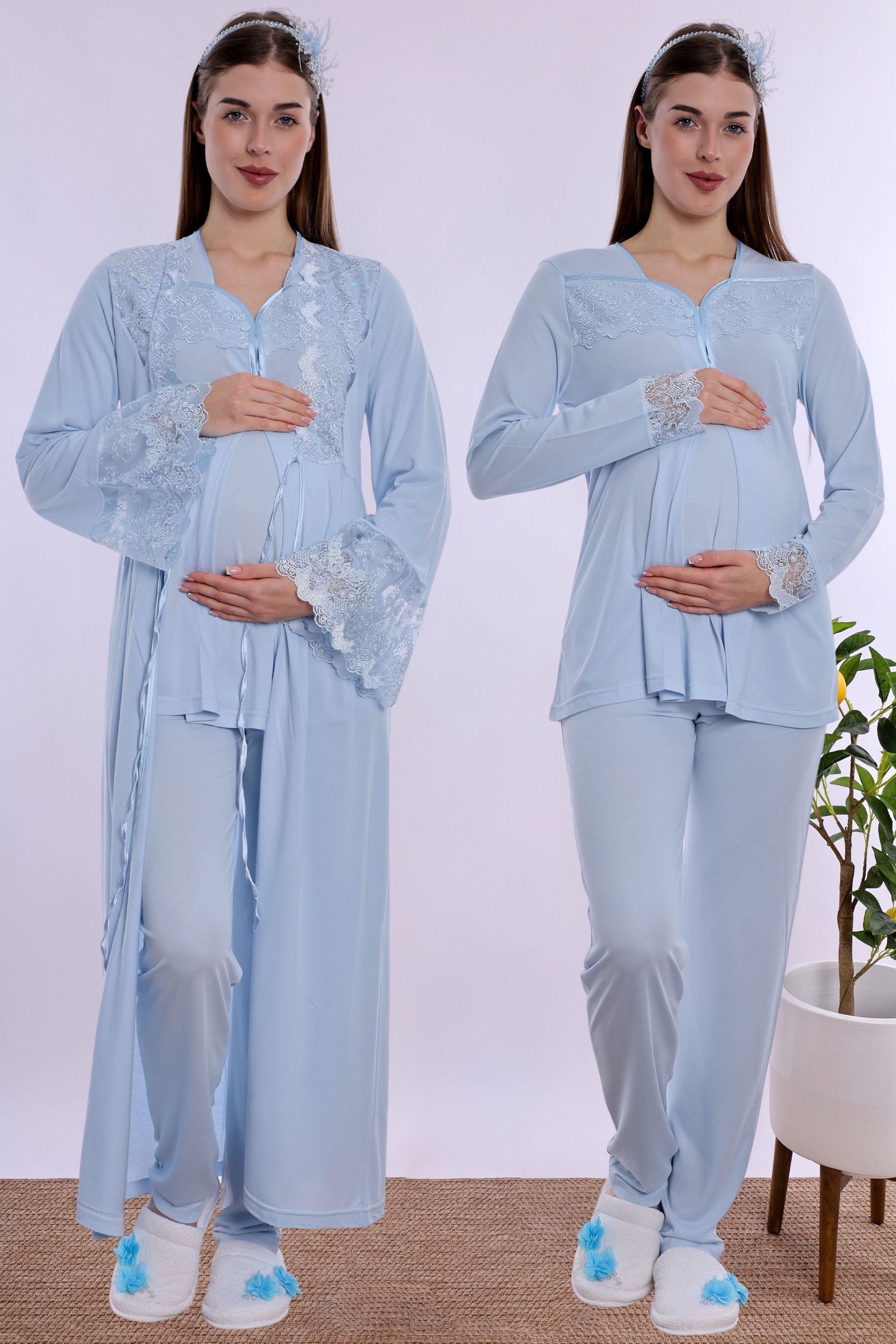 240872 Pamuklu Uzun Sabahlıklı Hamile Lohusa Emzirme Pijama Takımı  - Mavi
