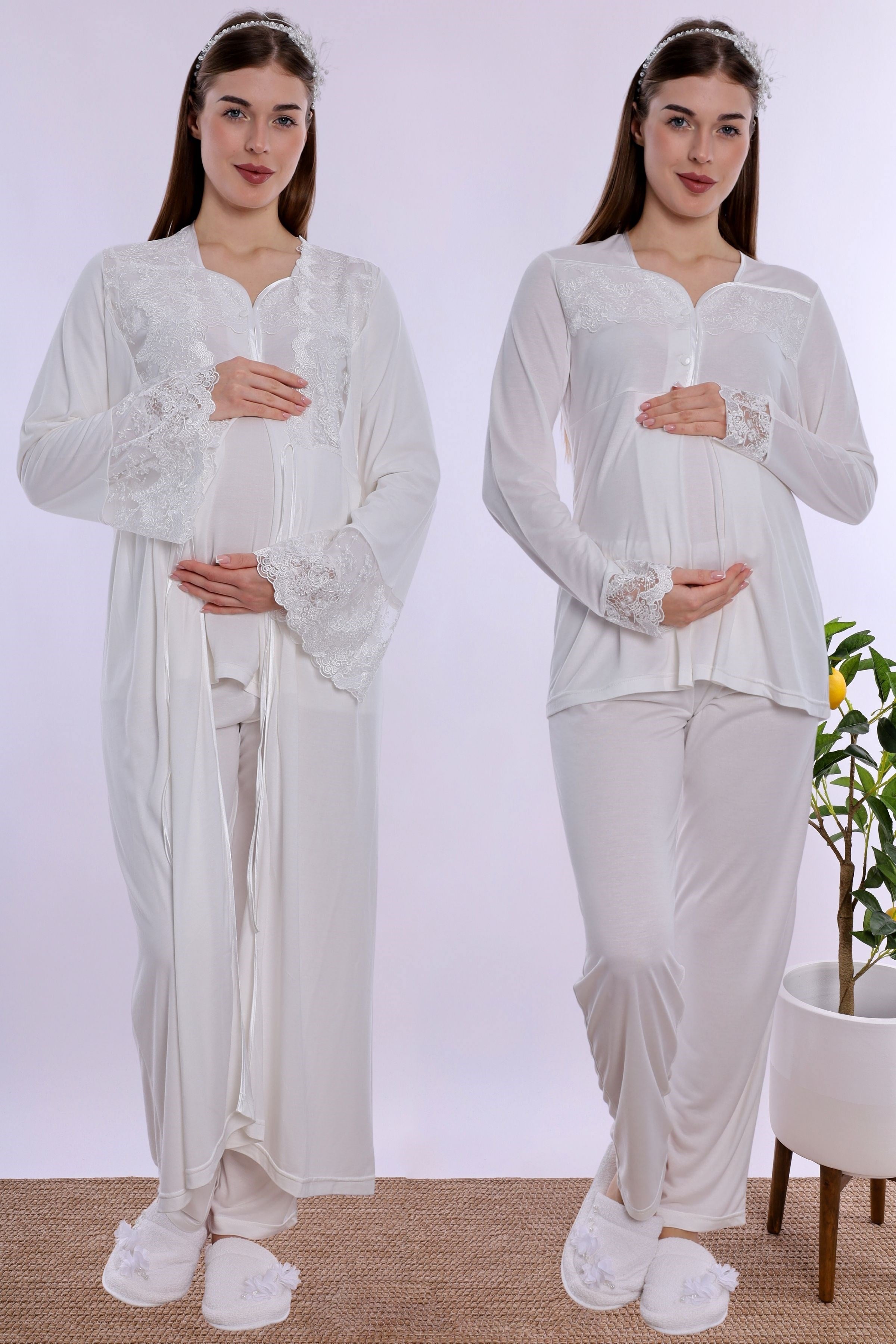 240872 Pamuklu Uzun Sabahlıklı Hamile Lohusa Emzirme Pijama Takımı  - Ekru