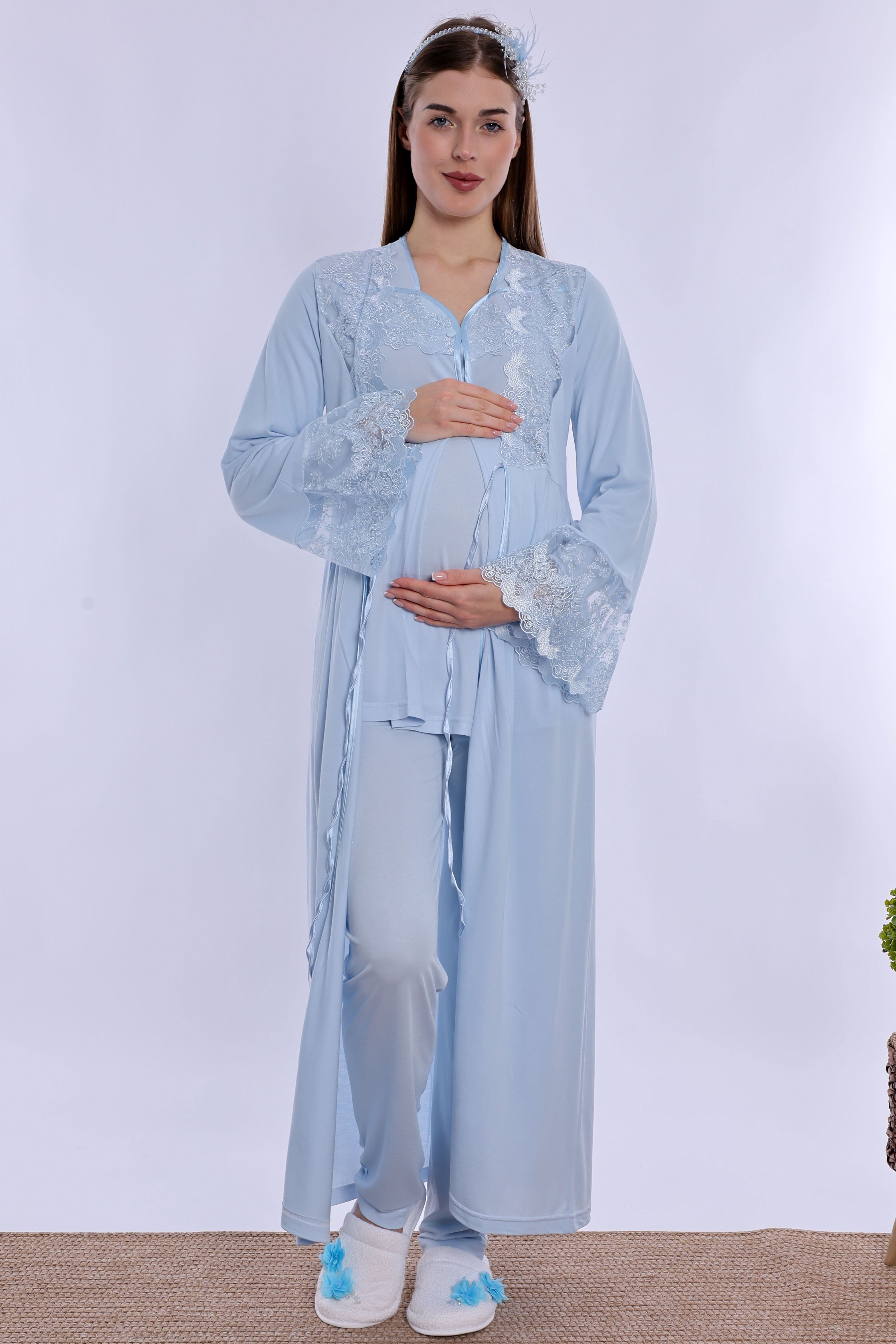 240872 Pamuklu Uzun Sabahlıklı Hamile Lohusa Emzirme Pijama Takımı  - Mavi