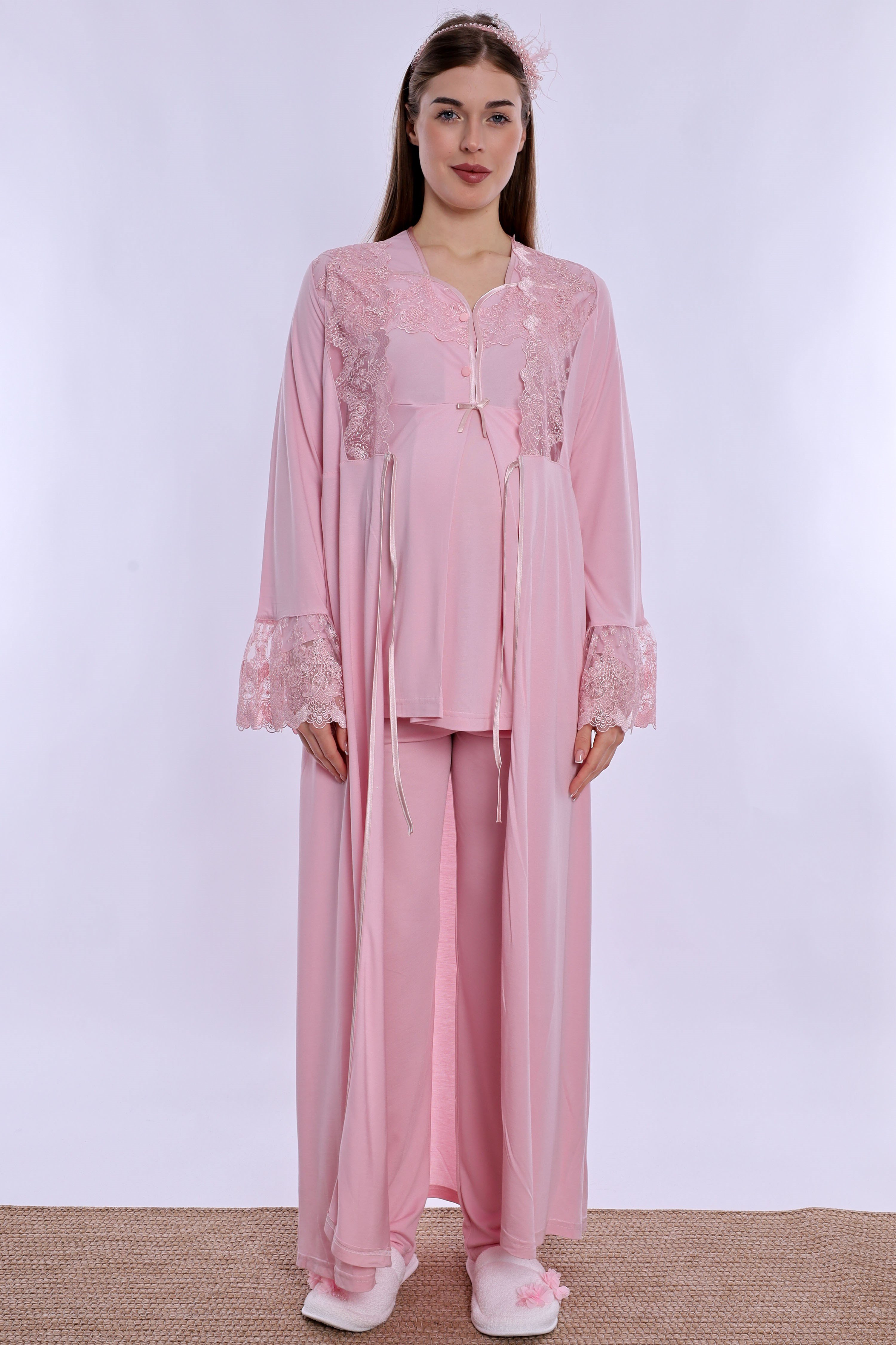 240872 Pamuklu Uzun Sabahlıklı Hamile Lohusa Emzirme Pijama Takımı  - Pembe