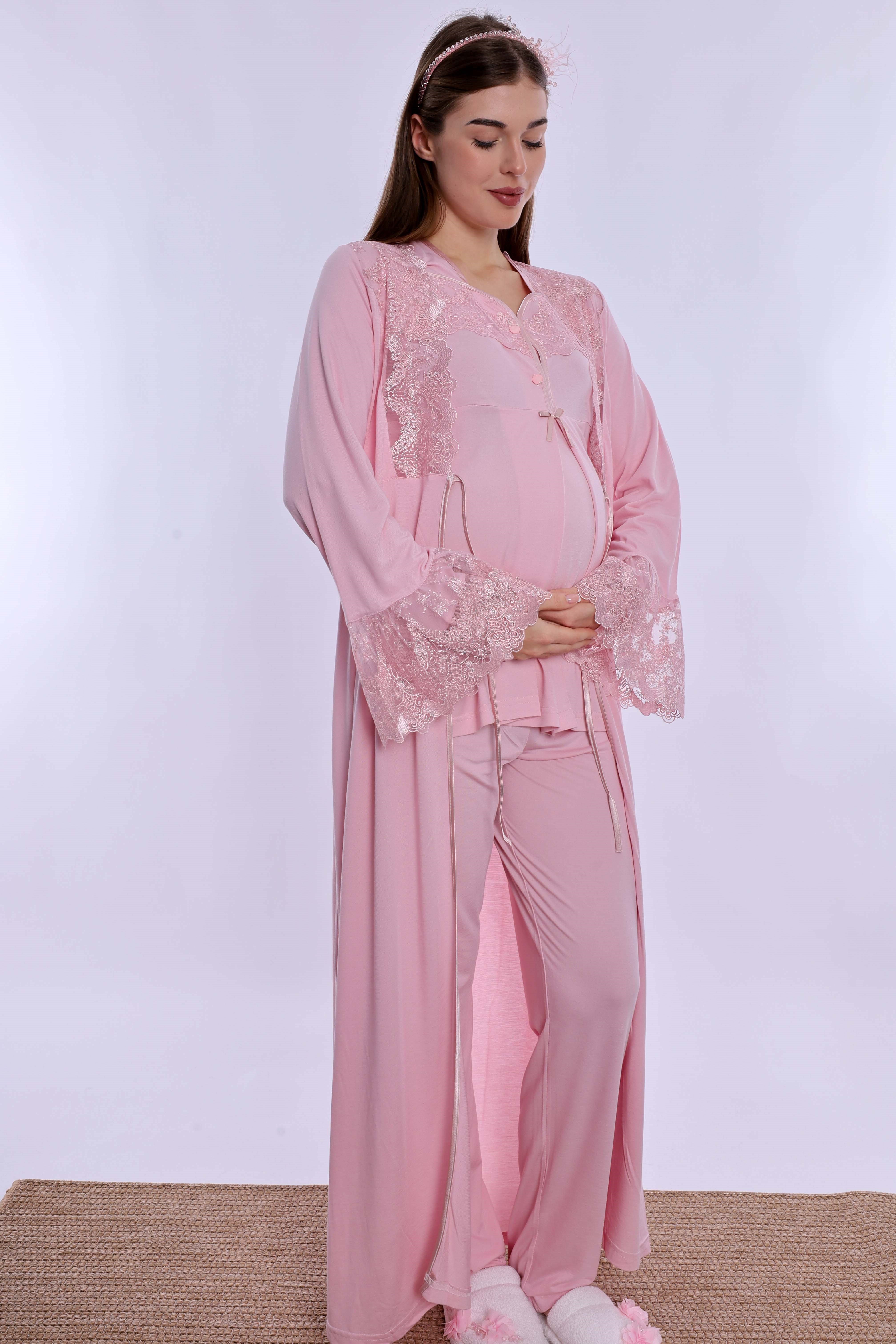 240872 Pamuklu Uzun Sabahlıklı Hamile Lohusa Emzirme Pijama Takımı  - Pembe
