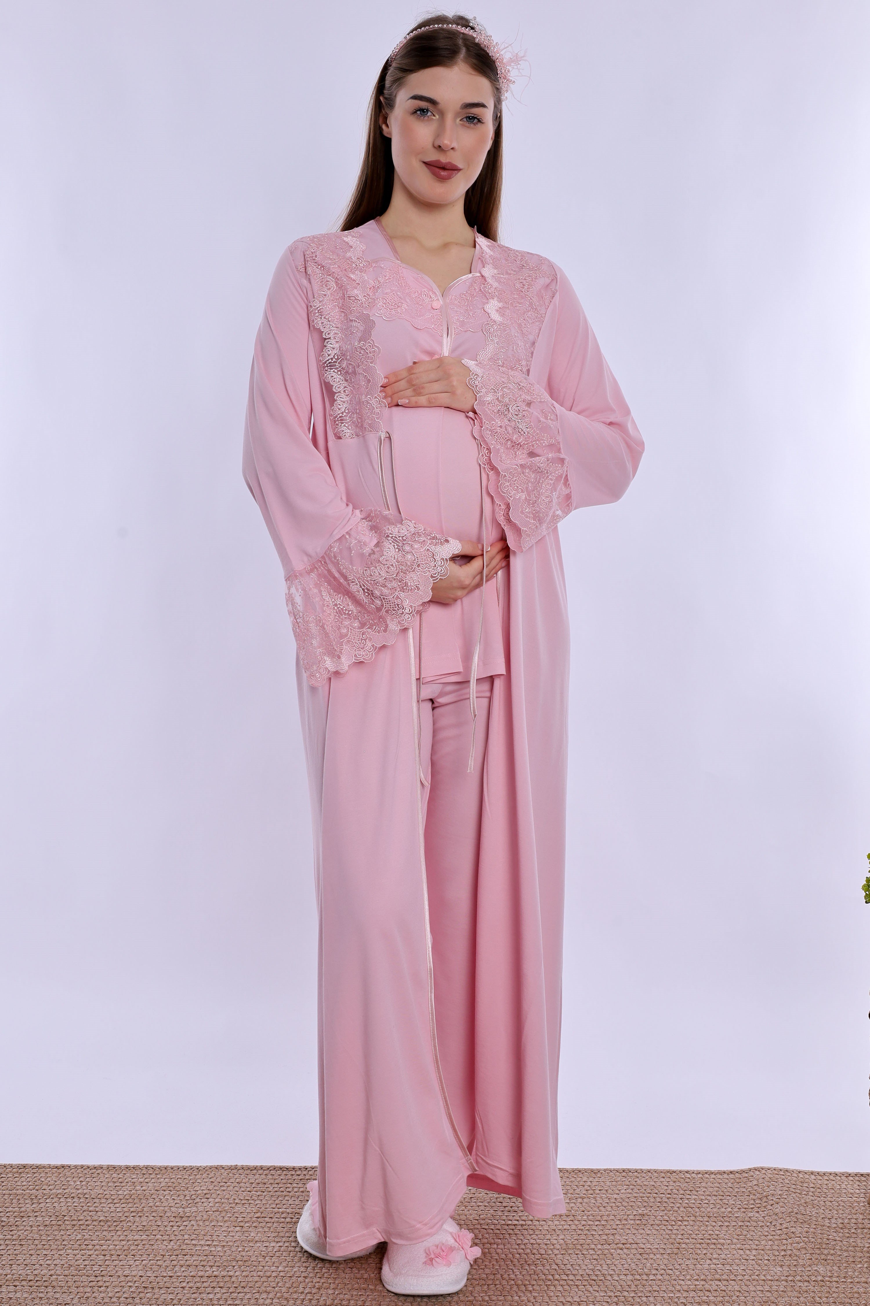 240872 Pamuklu Uzun Sabahlıklı Hamile Lohusa Emzirme Pijama Takımı  - Pembe