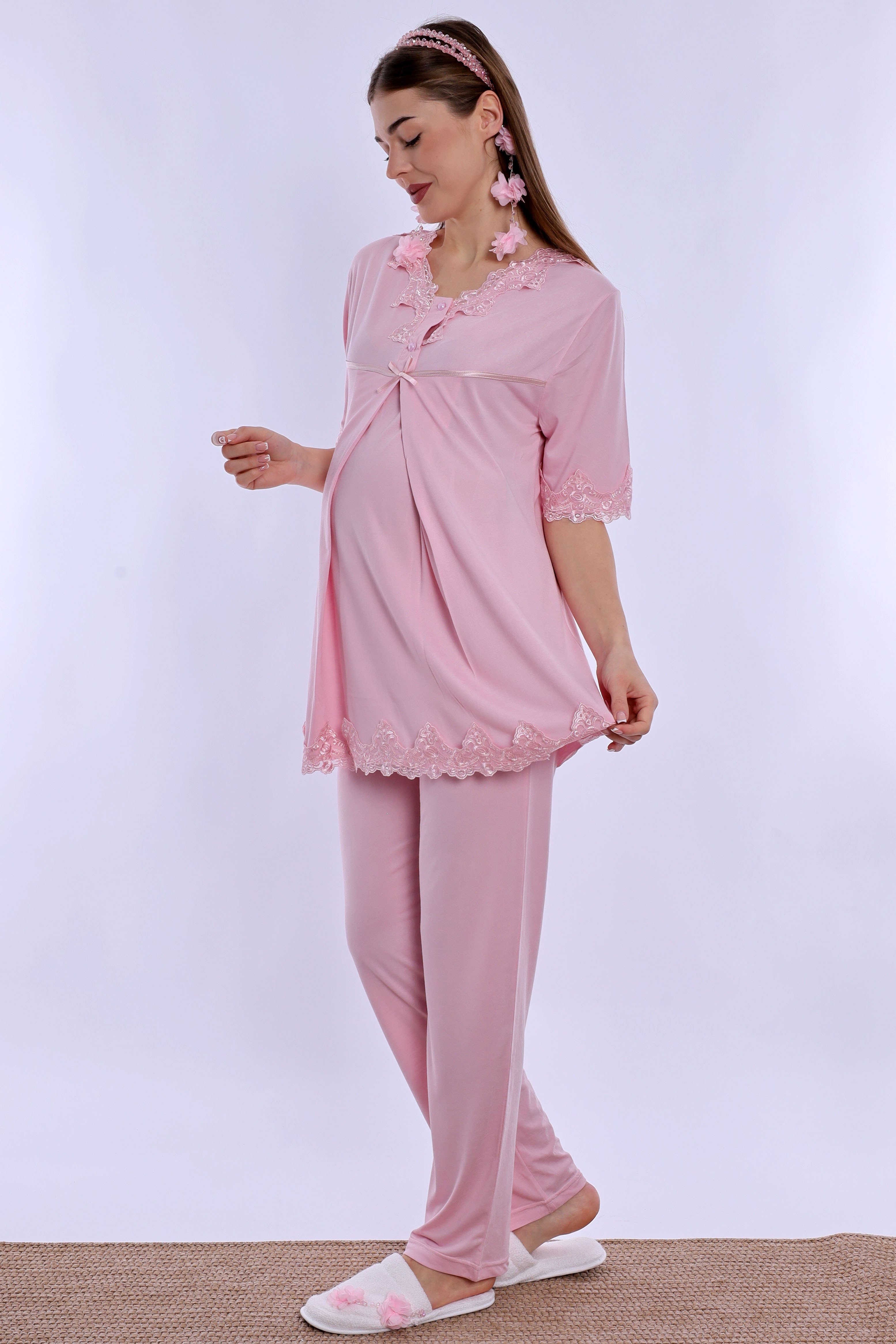 250322 Pamuklu Gizli Emzirme Detaylı Hamile Lohusa Pijama Takımı  - Pembe