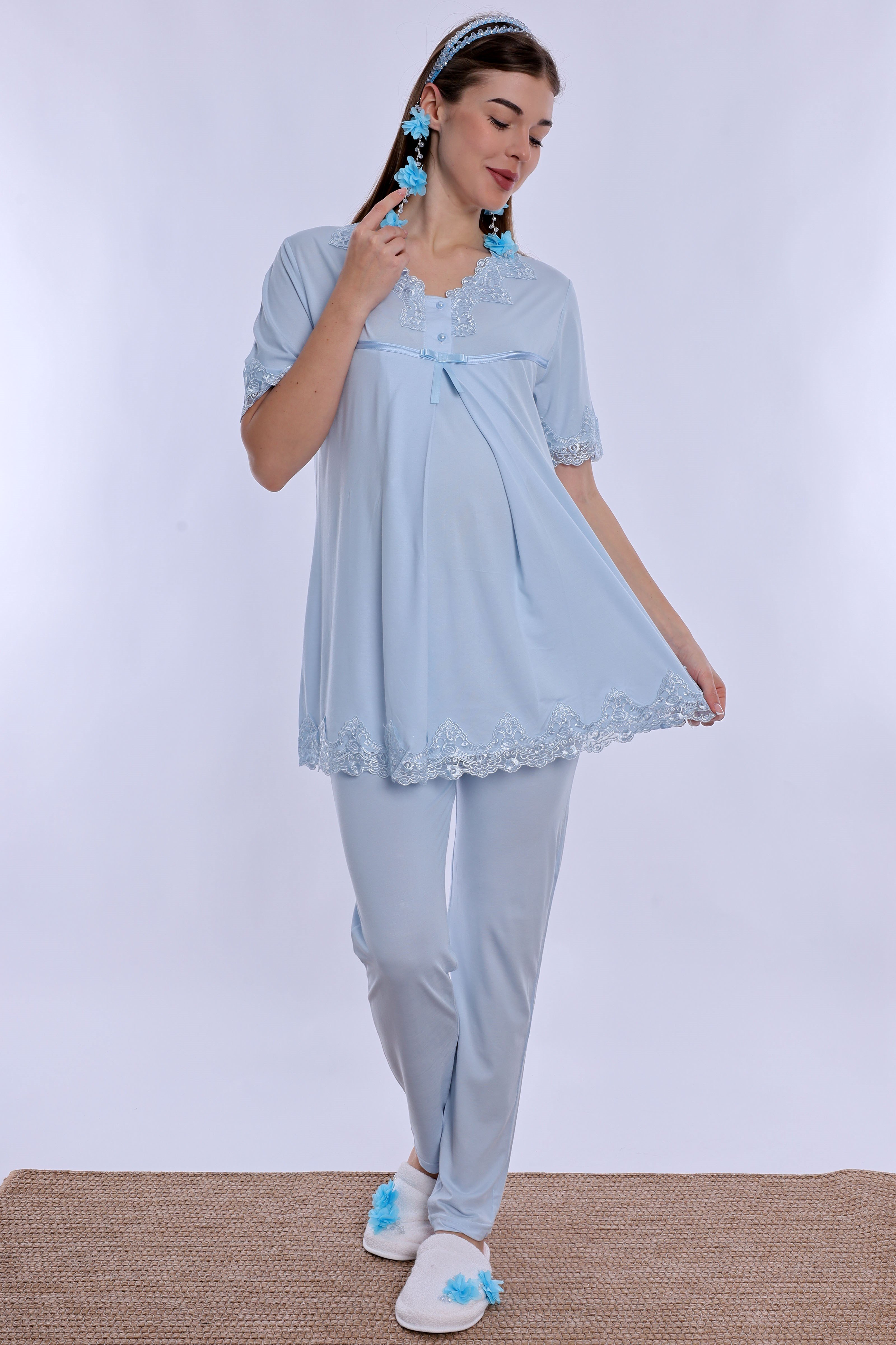 250322 Pamuklu Gizli Emzirme Detaylı Hamile Lohusa Pijama Takımı  - Mavi