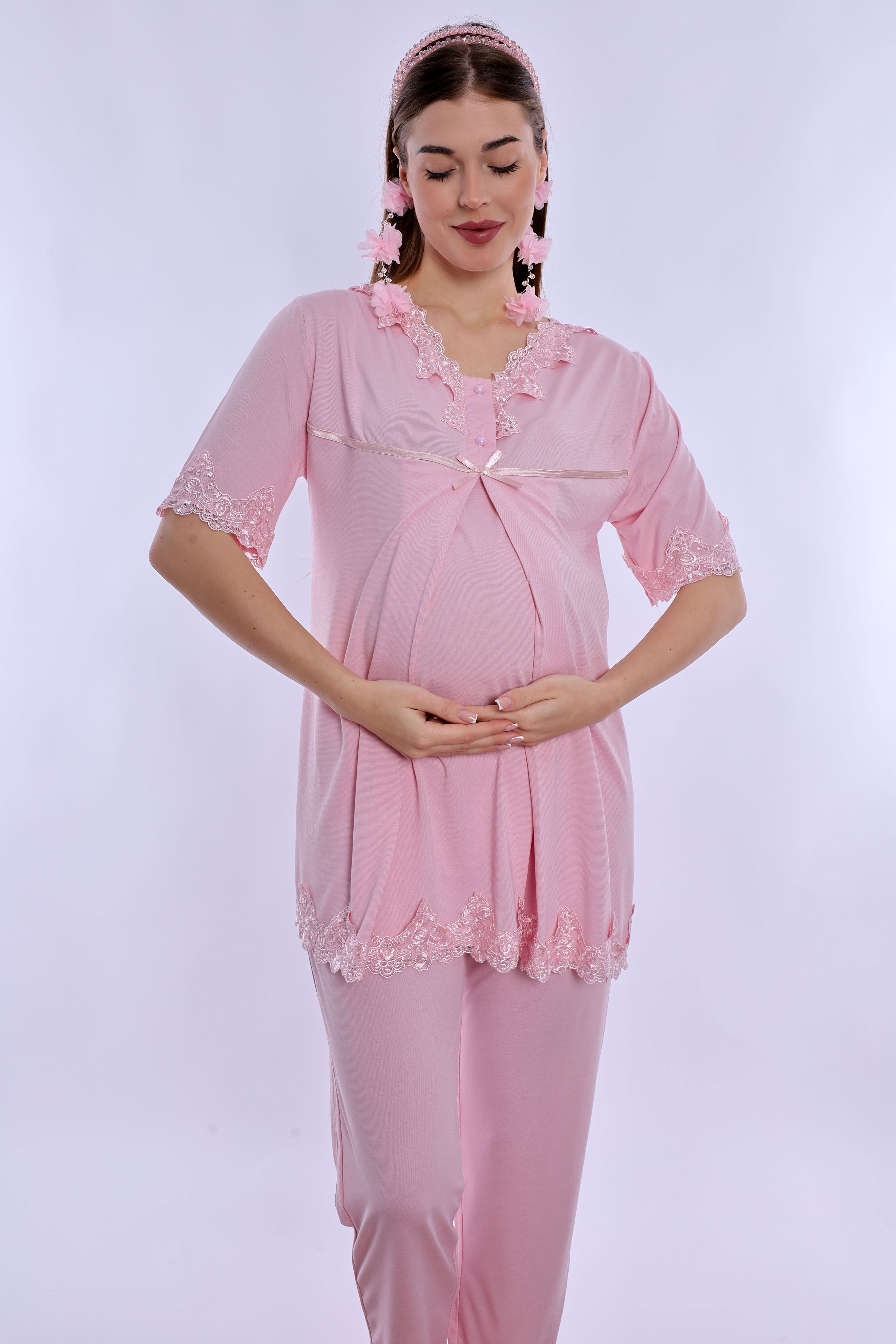 250322 Pamuklu Gizli Emzirme Detaylı Hamile Lohusa Pijama Takımı  - Pembe