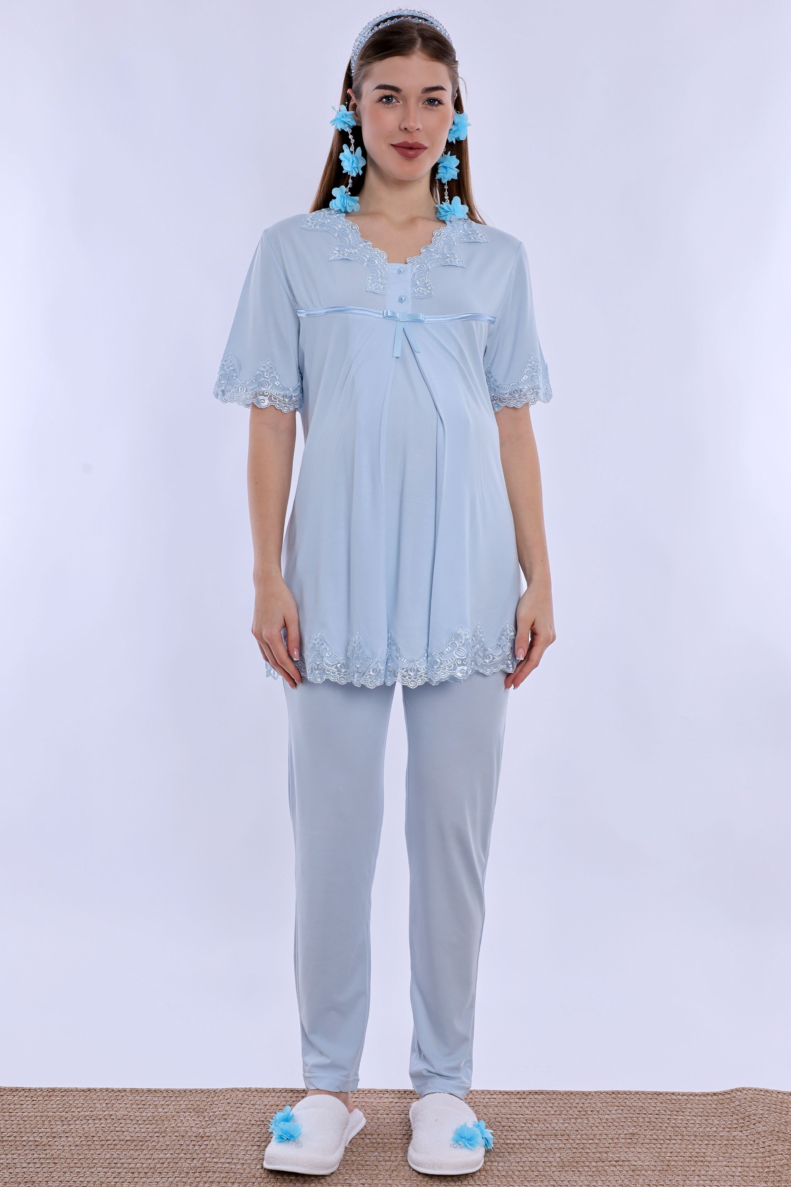 250322 Pamuklu Gizli Emzirme Detaylı Hamile Lohusa Pijama Takımı  - Mavi