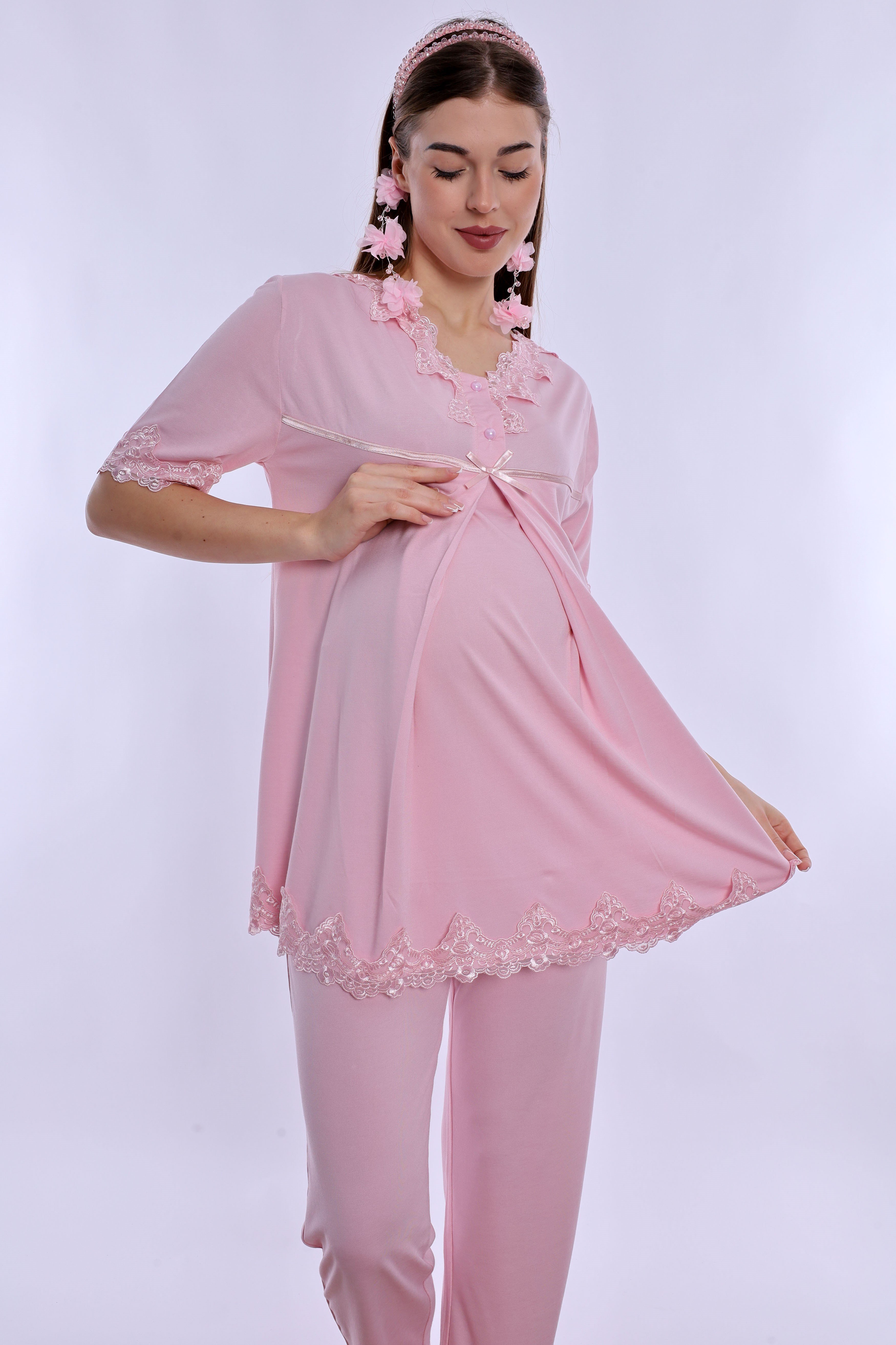 250322 Pamuklu Gizli Emzirme Detaylı Hamile Lohusa Pijama Takımı  - Pembe