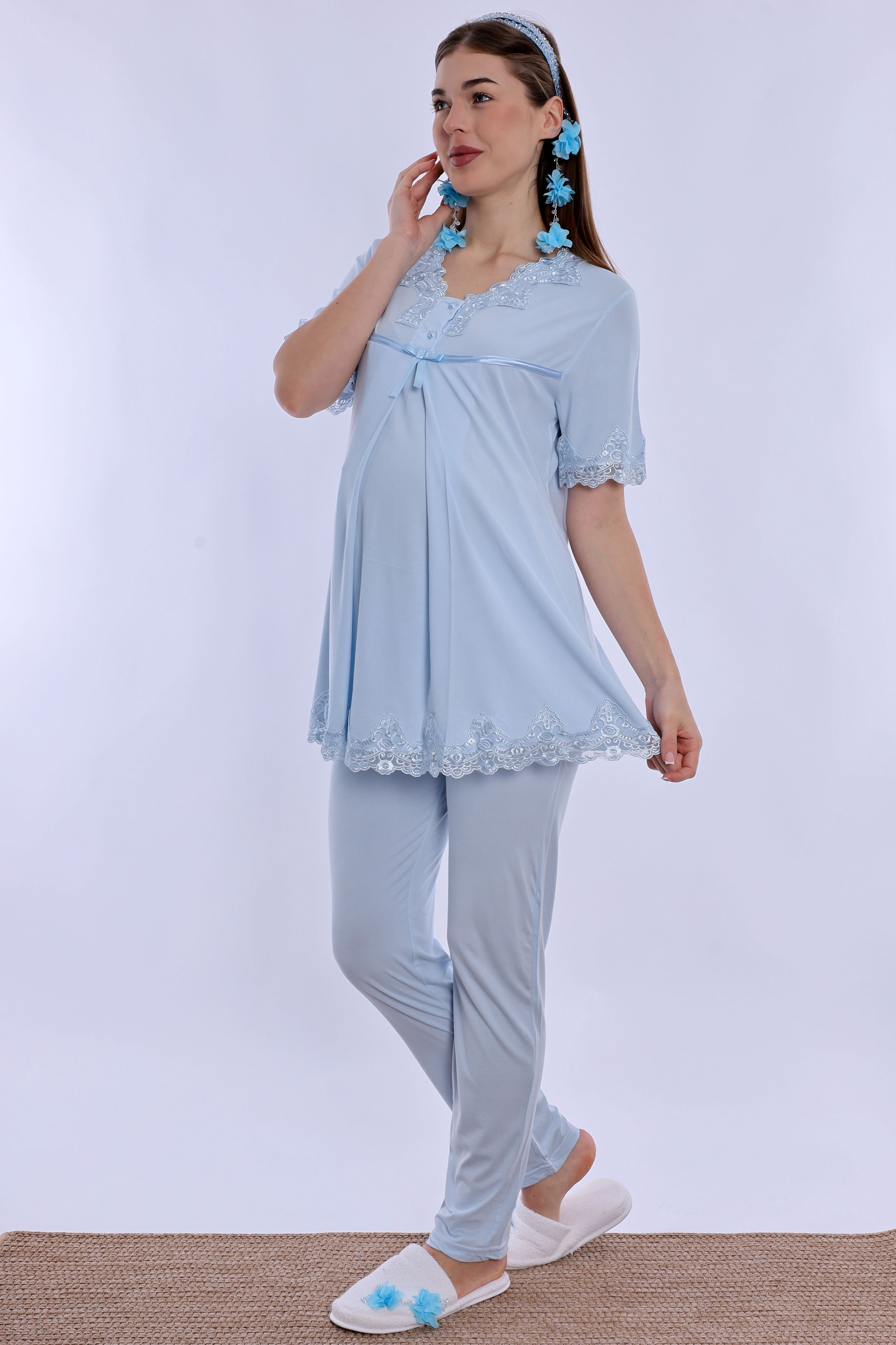 250322 Pamuklu Gizli Emzirme Detaylı Hamile Lohusa Pijama Takımı  - Mavi