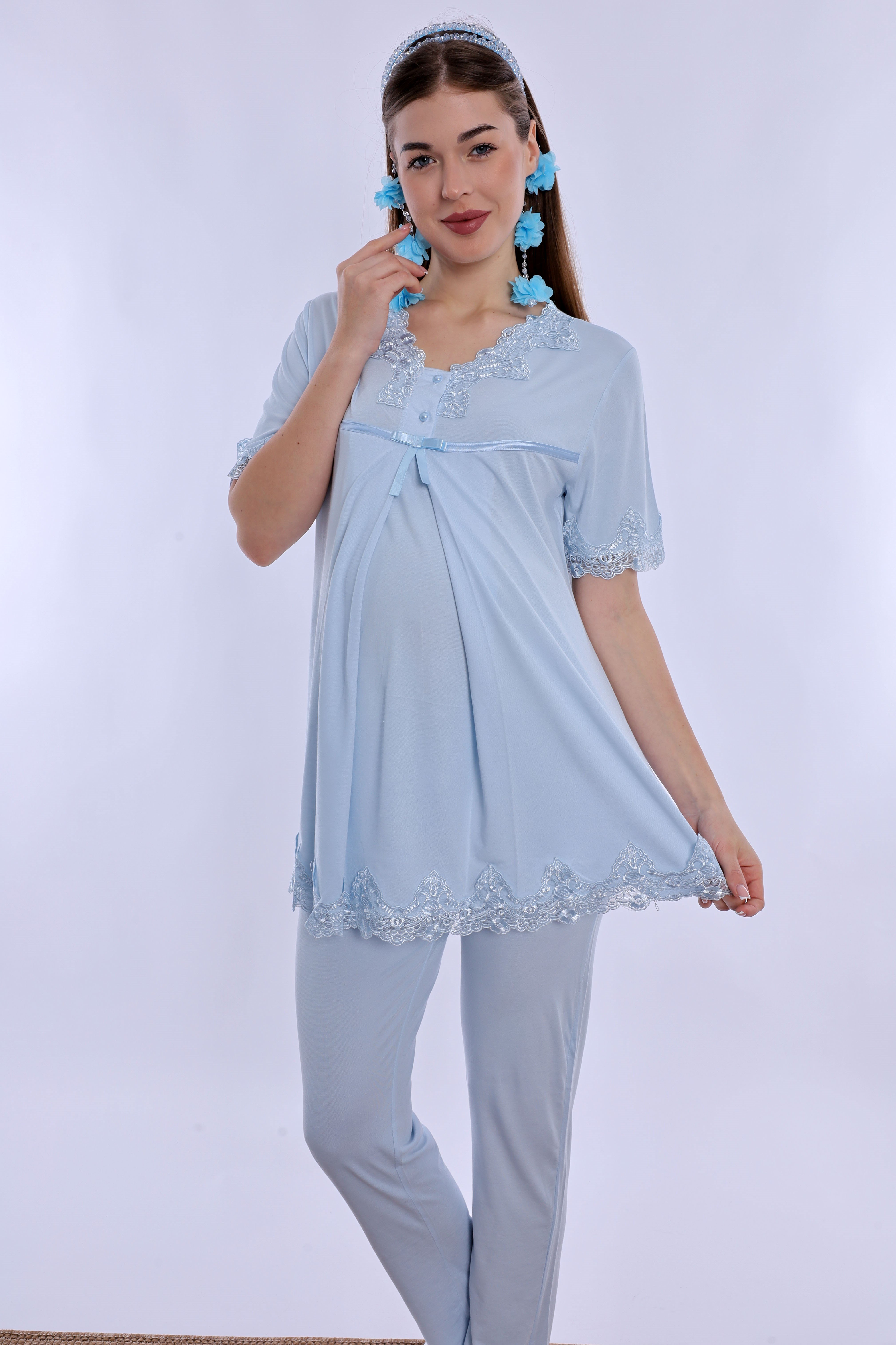 250322 Pamuklu Gizli Emzirme Detaylı Hamile Lohusa Pijama Takımı  - Mavi