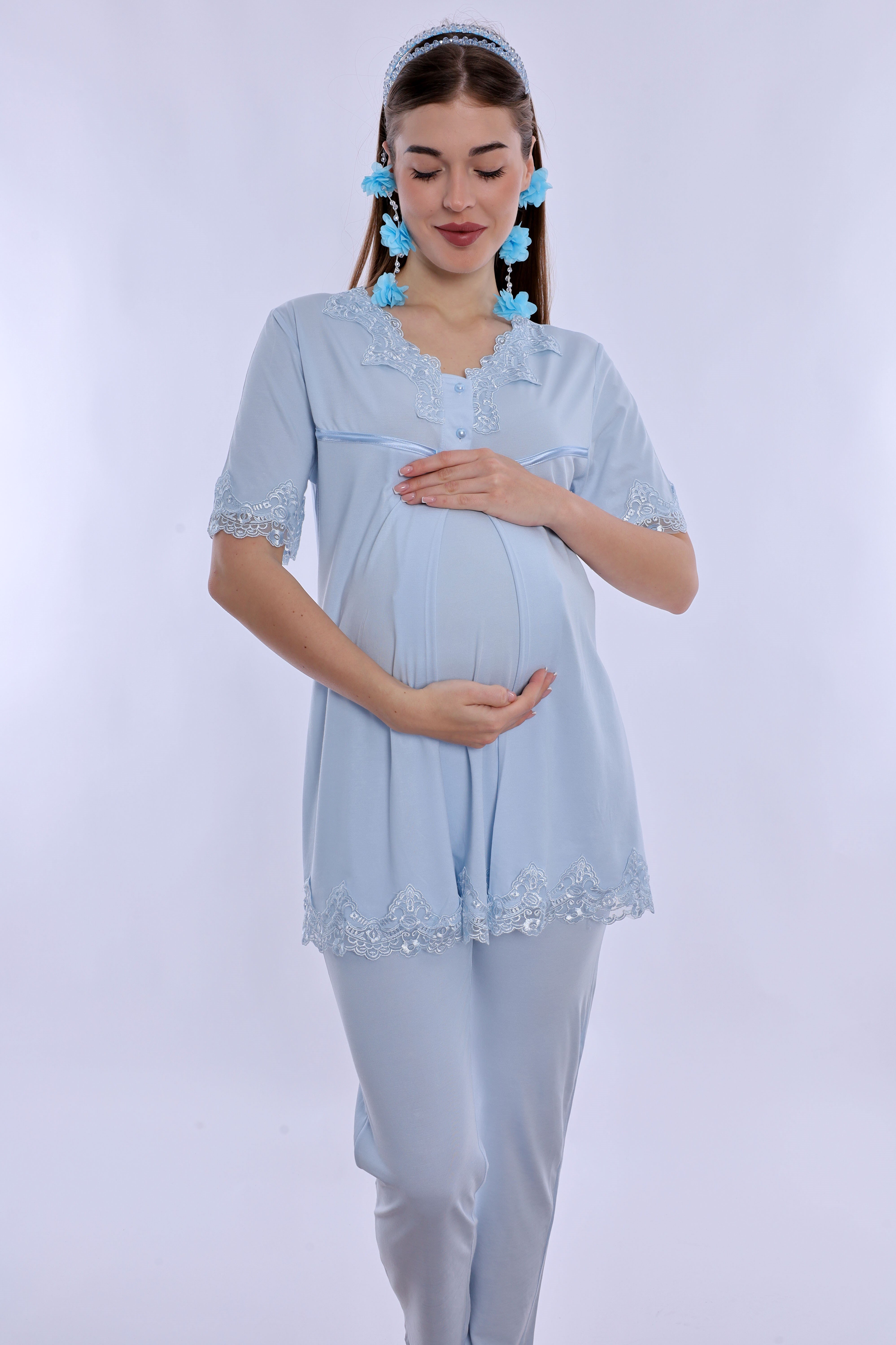 250322 Pamuklu Gizli Emzirme Detaylı Hamile Lohusa Pijama Takımı  - Mavi