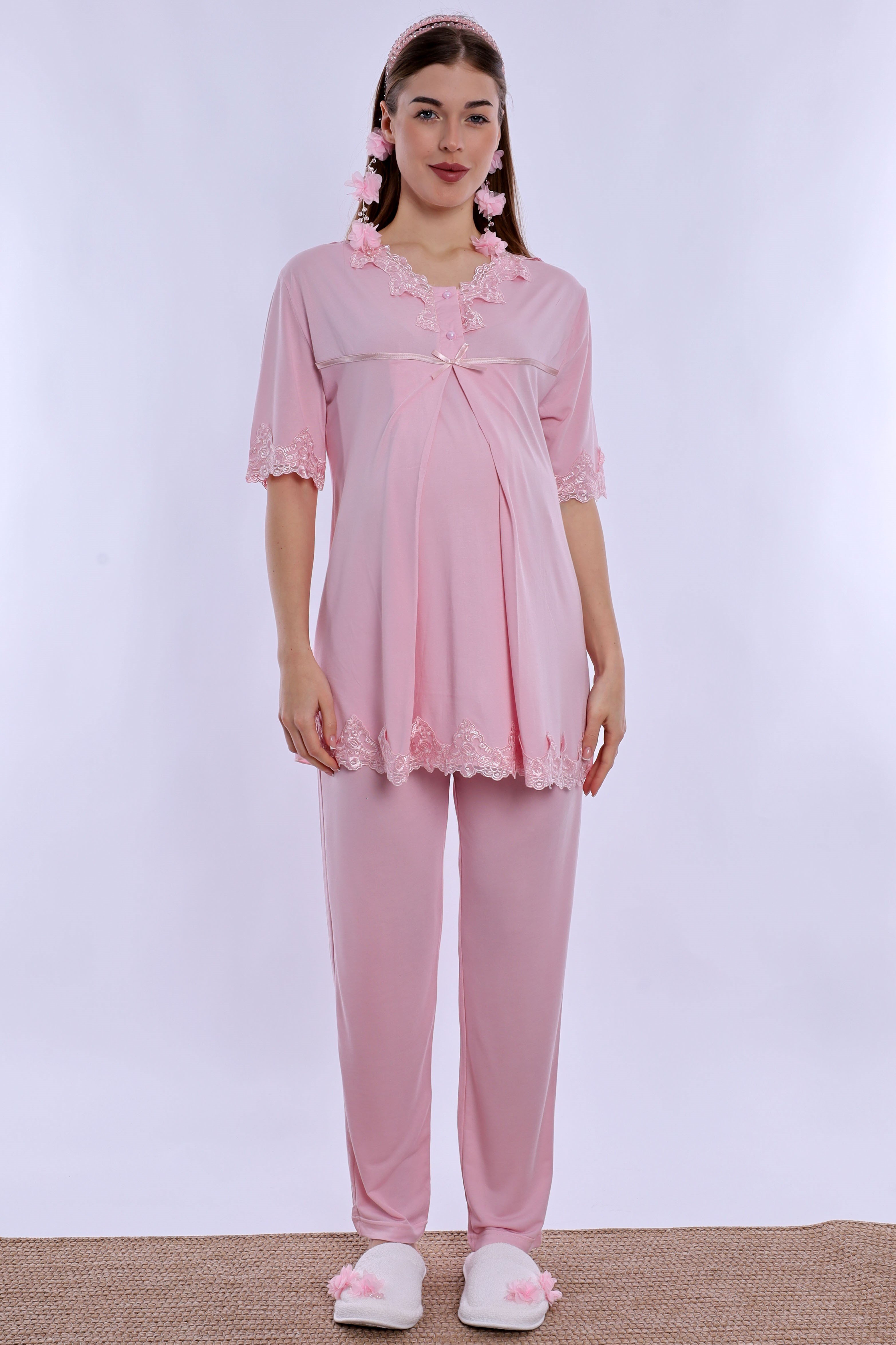 250322 Pamuklu Gizli Emzirme Detaylı Hamile Lohusa Pijama Takımı  - Pembe