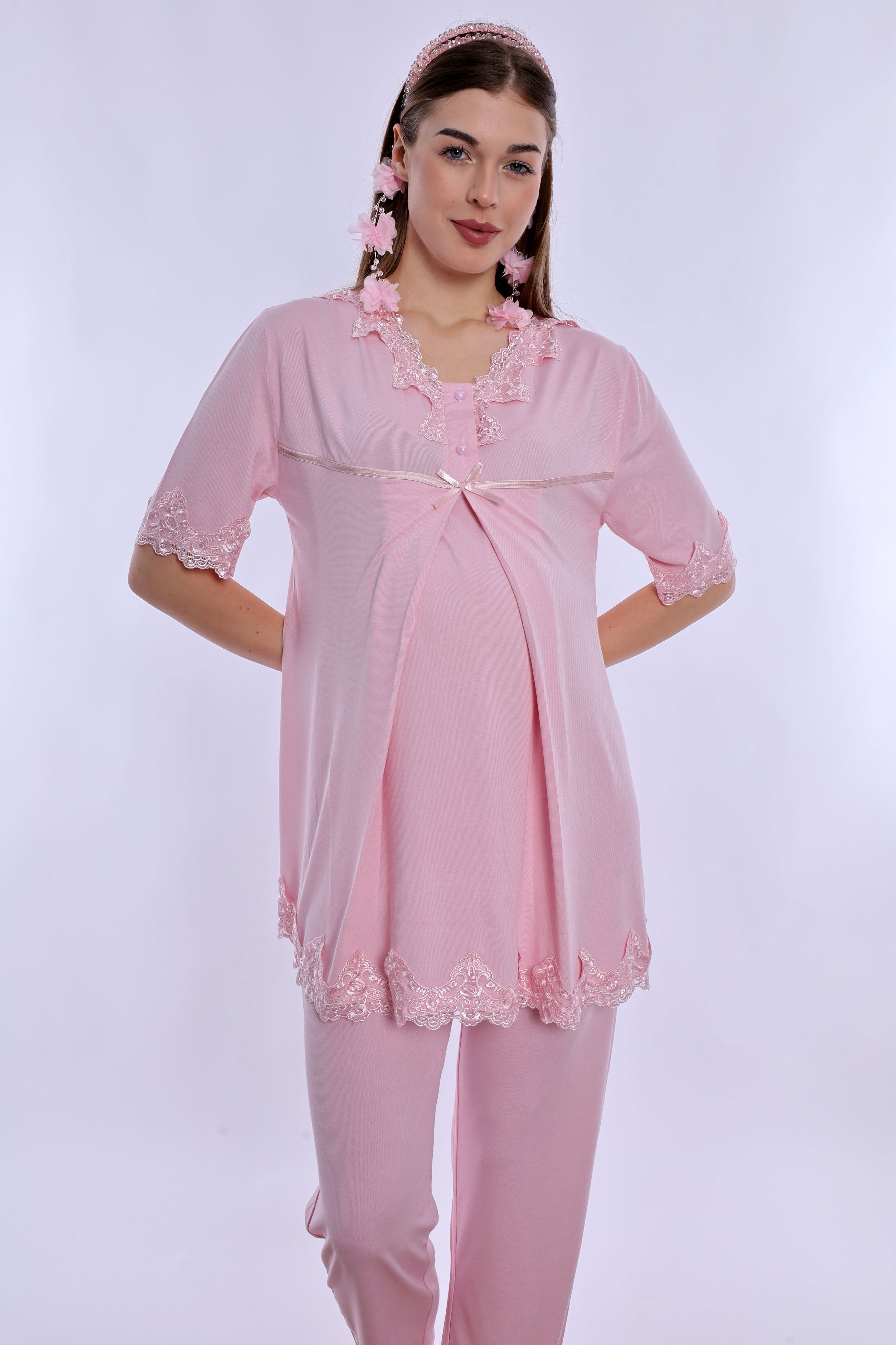 250322 Pamuklu Gizli Emzirme Detaylı Hamile Lohusa Pijama Takımı  - Pembe