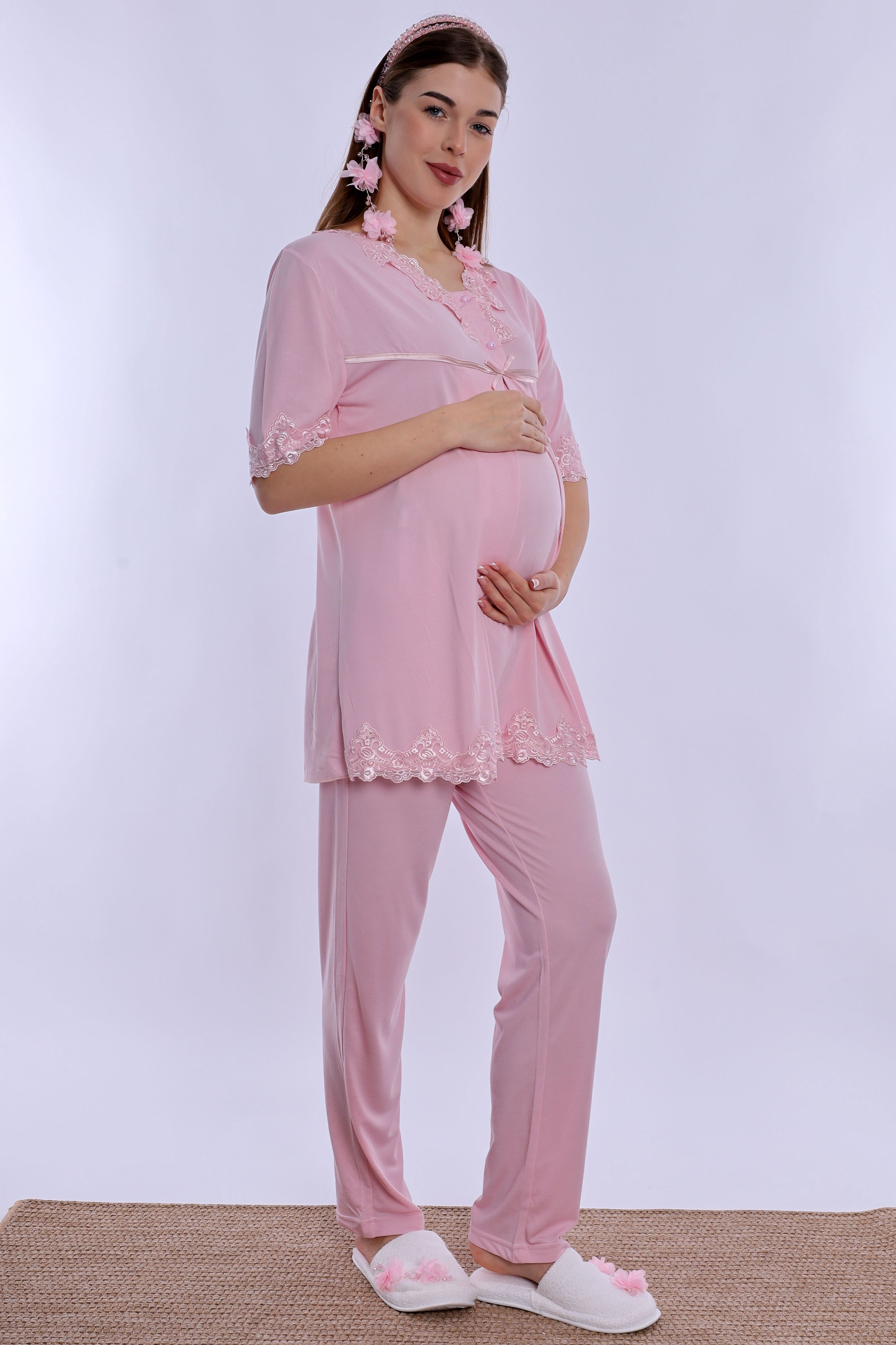 250322 Pamuklu Gizli Emzirme Detaylı Hamile Lohusa Pijama Takımı  - Pembe