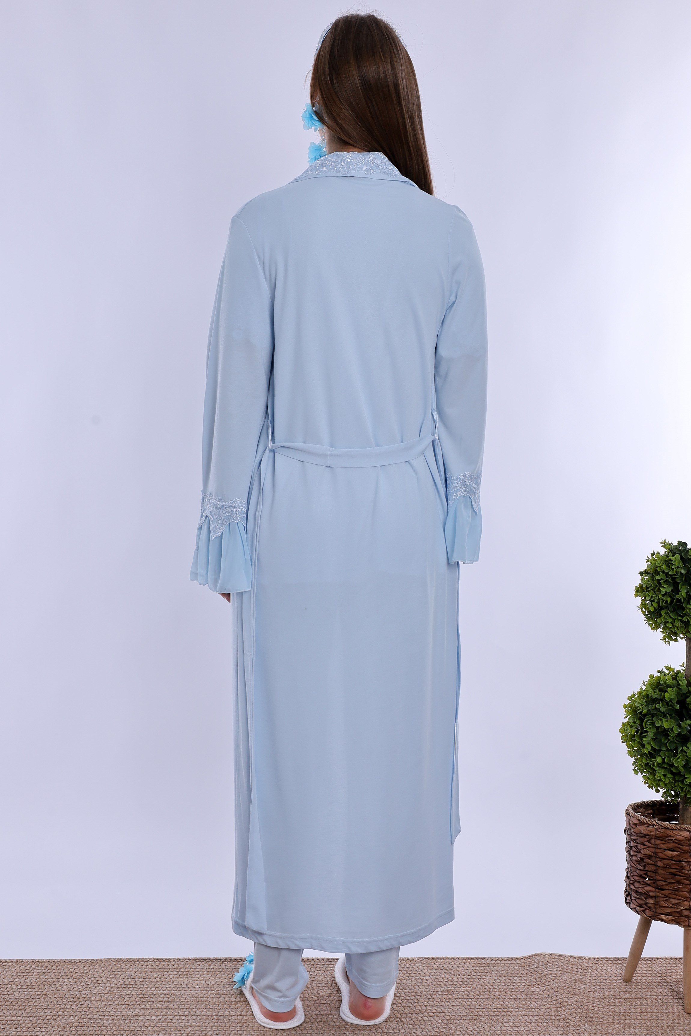 250342 Doğum Öncesi ve Sonrası Emzirme Özellikli Sabahlıklı Lohusa Pijama Takımı  - Mavi