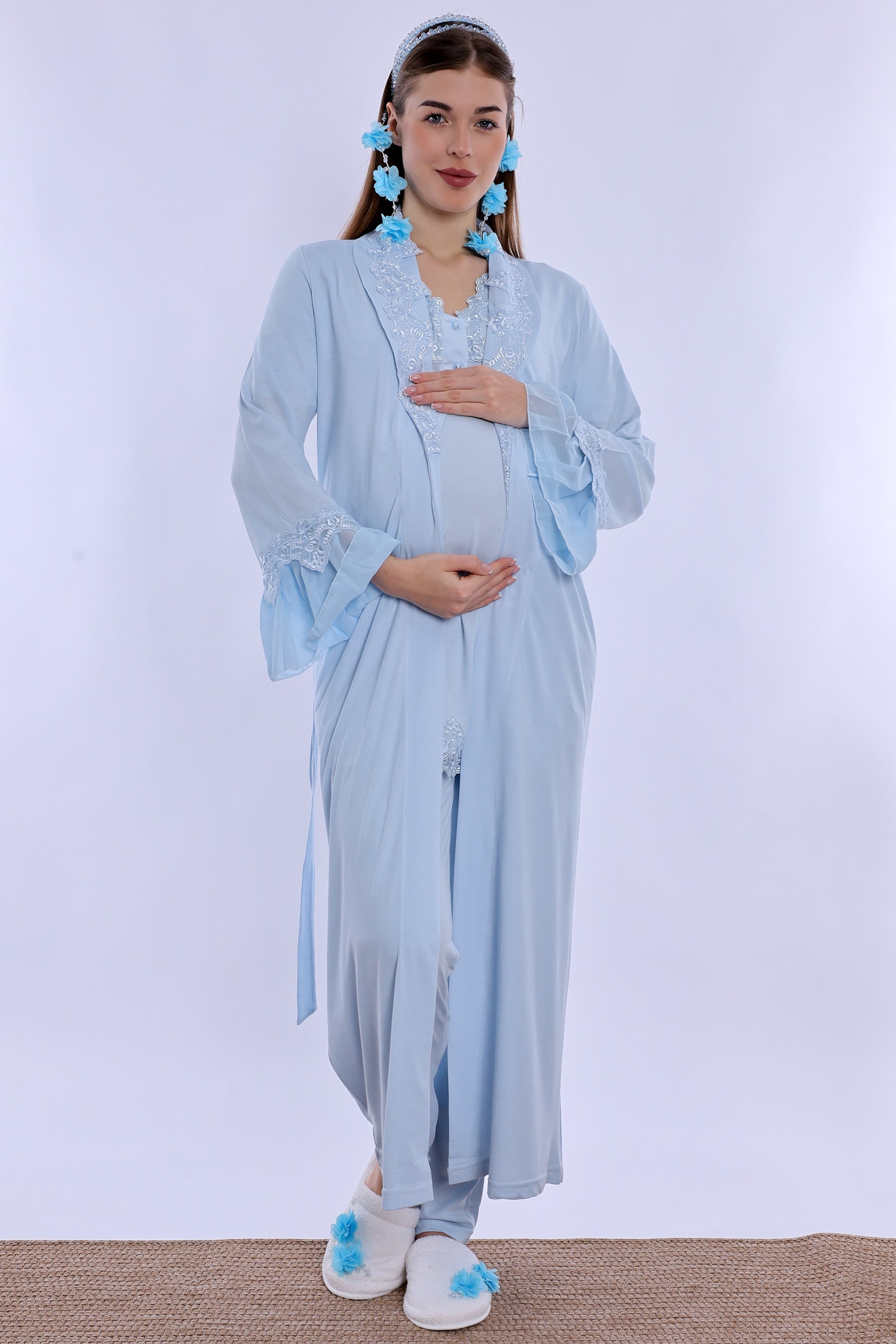 250342 Doğum Öncesi ve Sonrası Emzirme Özellikli Sabahlıklı Lohusa Pijama Takımı  - Mavi
