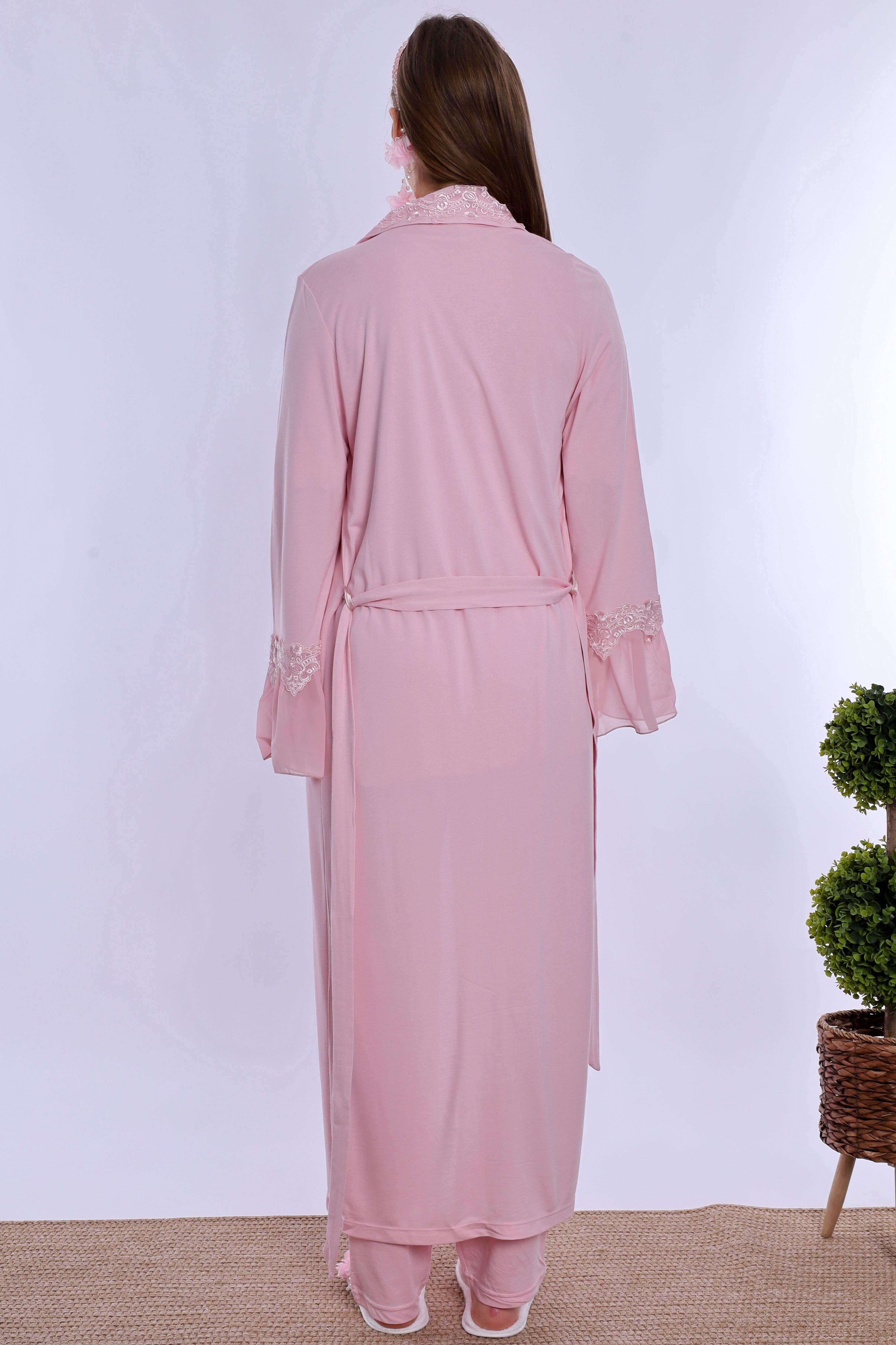 250342 Doğum Öncesi ve Sonrası Emzirme Özellikli Sabahlıklı Lohusa Pijama Takımı  - Pembe