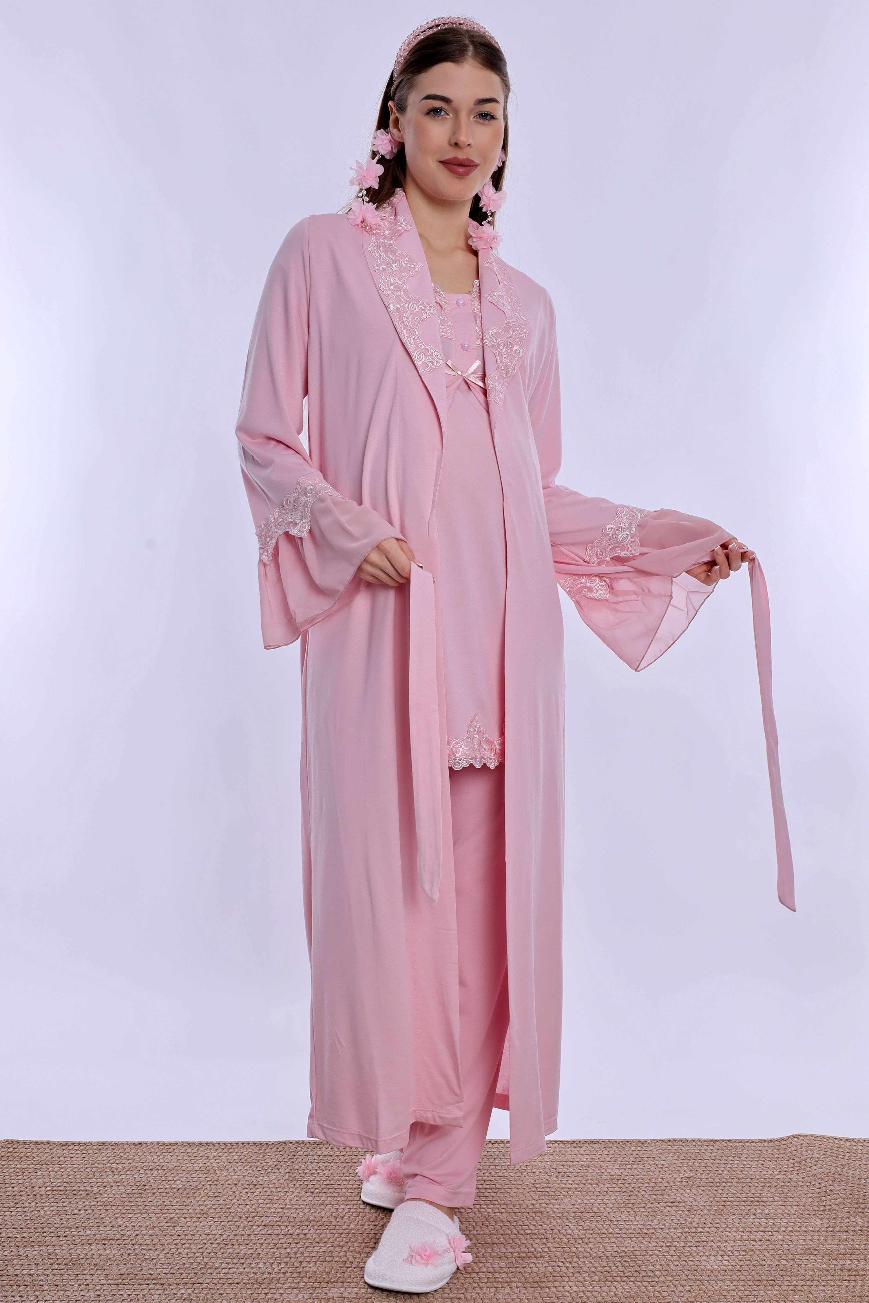 250342 Doğum Öncesi ve Sonrası Emzirme Özellikli Sabahlıklı Lohusa Pijama Takımı  - Pembe
