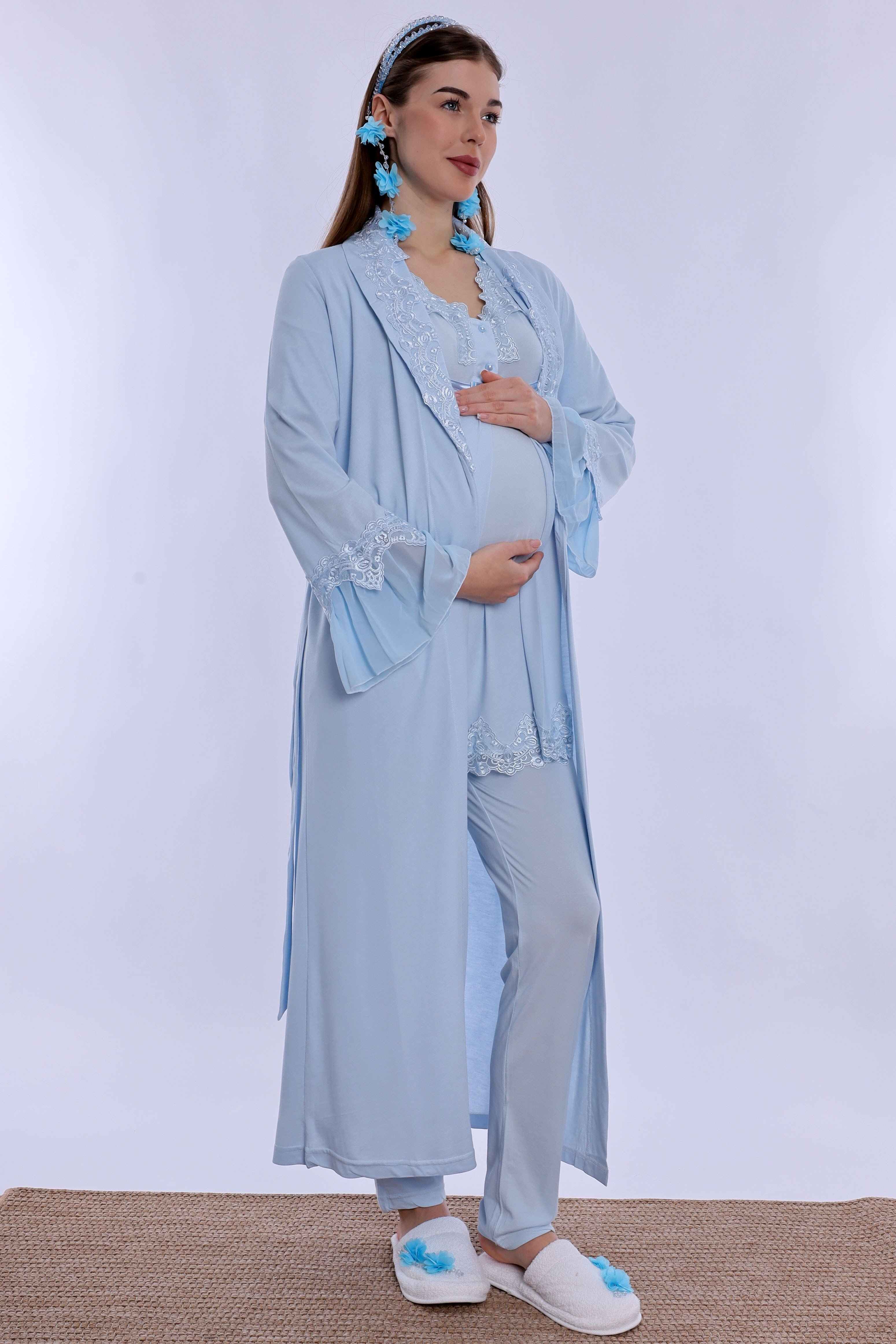 250342 Doğum Öncesi ve Sonrası Emzirme Özellikli Sabahlıklı Lohusa Pijama Takımı  - Mavi