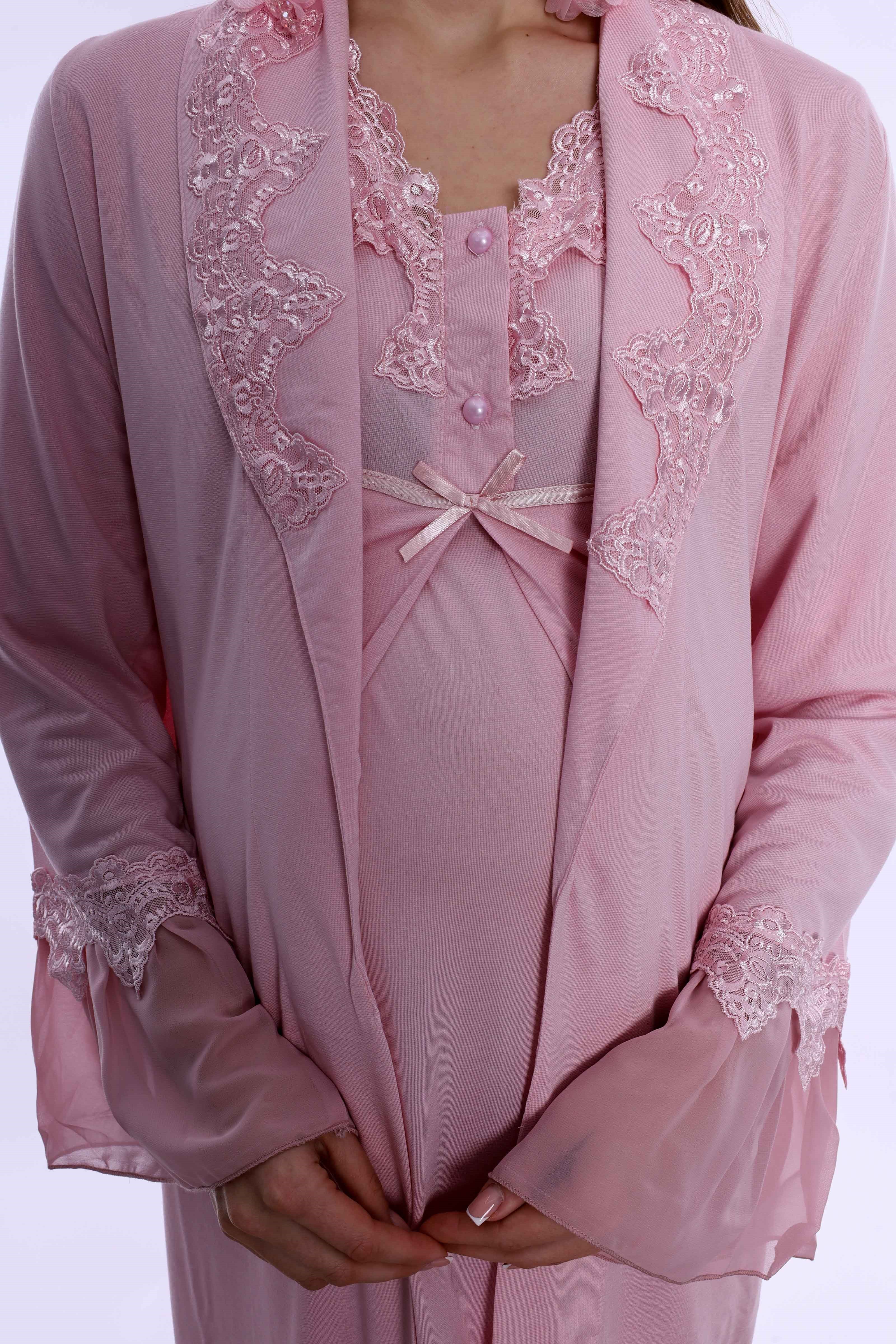 250342 Doğum Öncesi ve Sonrası Emzirme Özellikli Sabahlıklı Lohusa Pijama Takımı  - Pembe