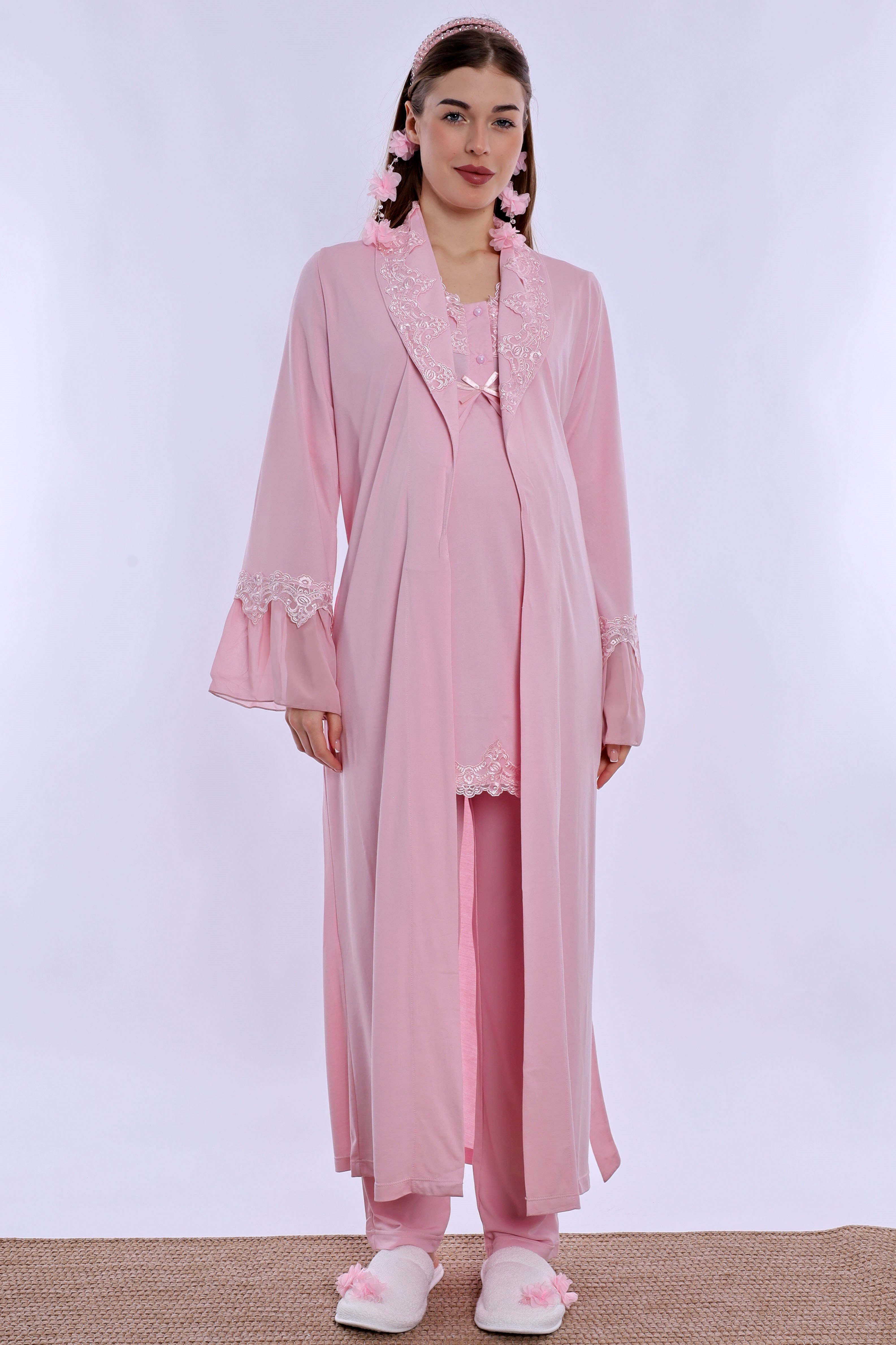 250342 Doğum Öncesi ve Sonrası Emzirme Özellikli Sabahlıklı Lohusa Pijama Takımı  - Pembe
