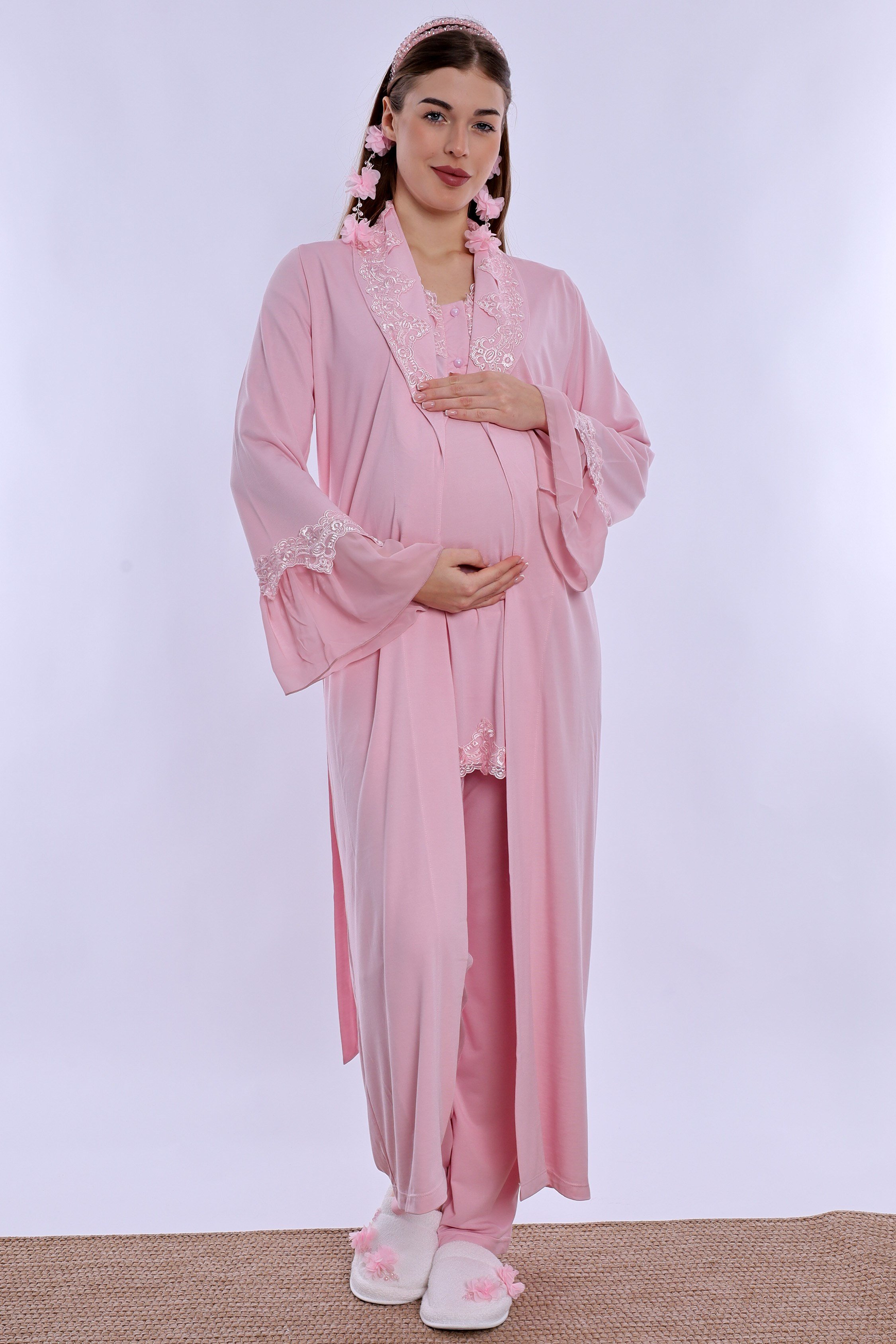 250342 Doğum Öncesi ve Sonrası Emzirme Özellikli Sabahlıklı Lohusa Pijama Takımı  - Pembe