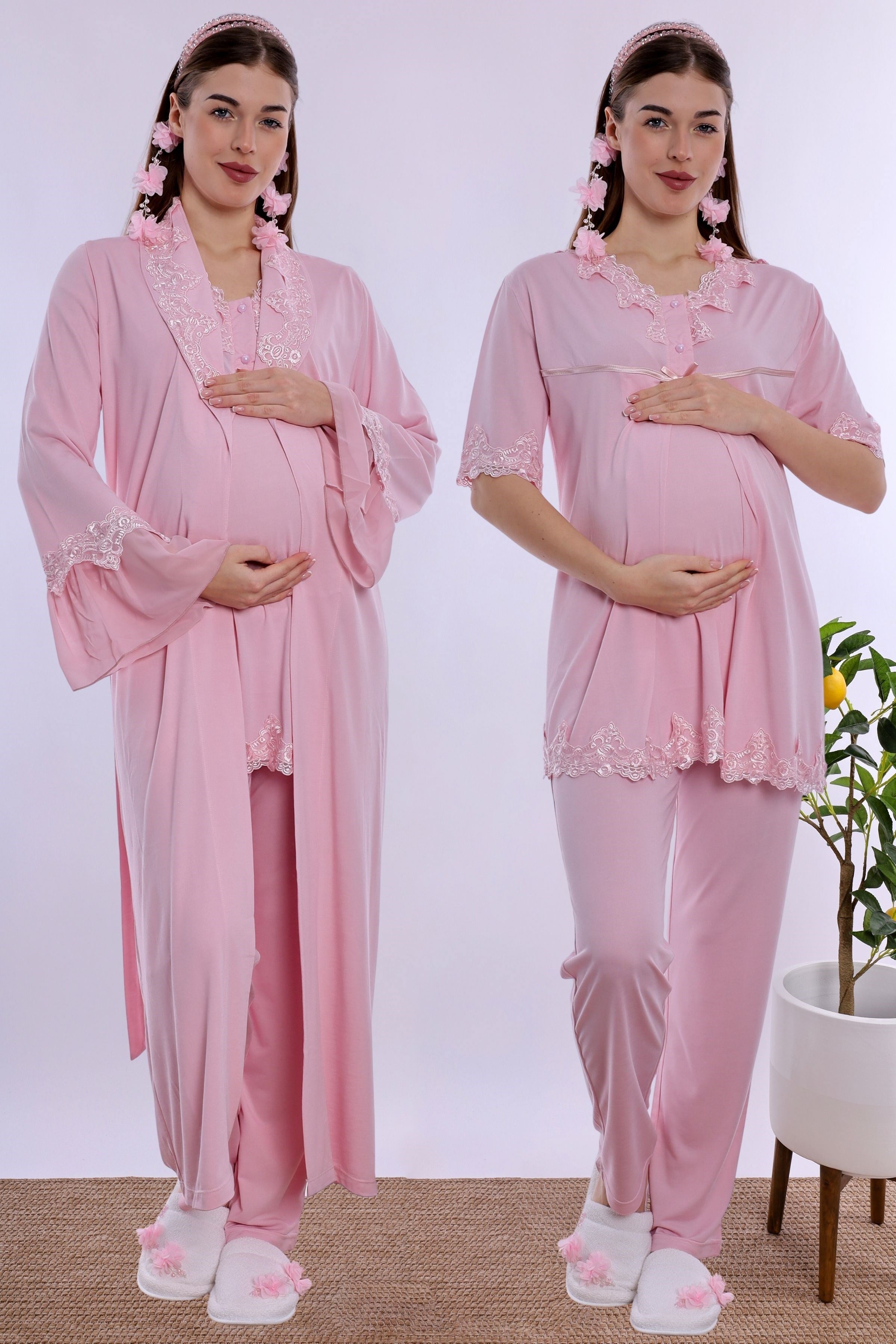 250342 Doğum Öncesi ve Sonrası Emzirme Özellikli Sabahlıklı Lohusa Pijama Takımı  - Pembe