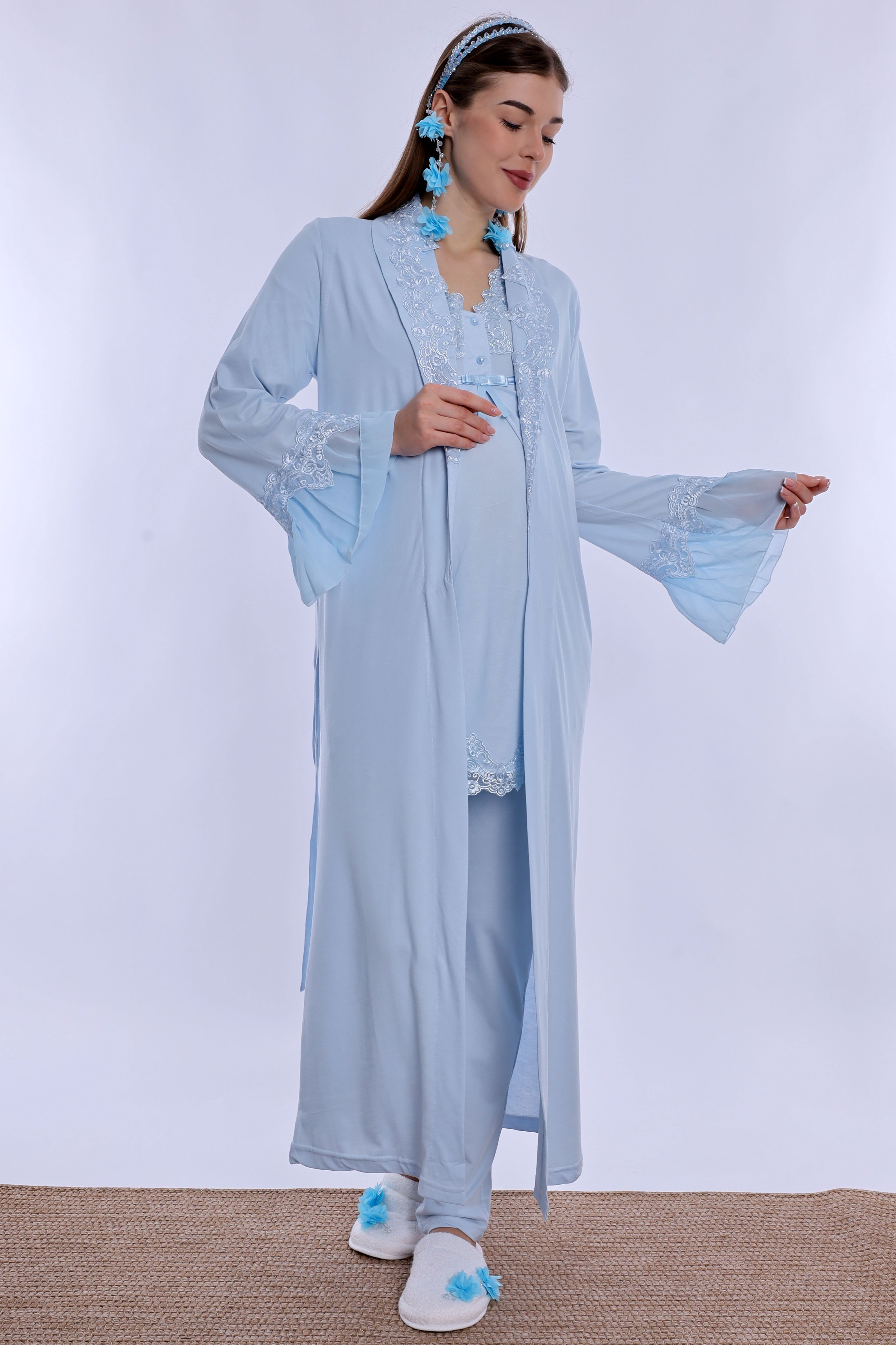 250342 Doğum Öncesi ve Sonrası Emzirme Özellikli Sabahlıklı Lohusa Pijama Takımı  - Mavi