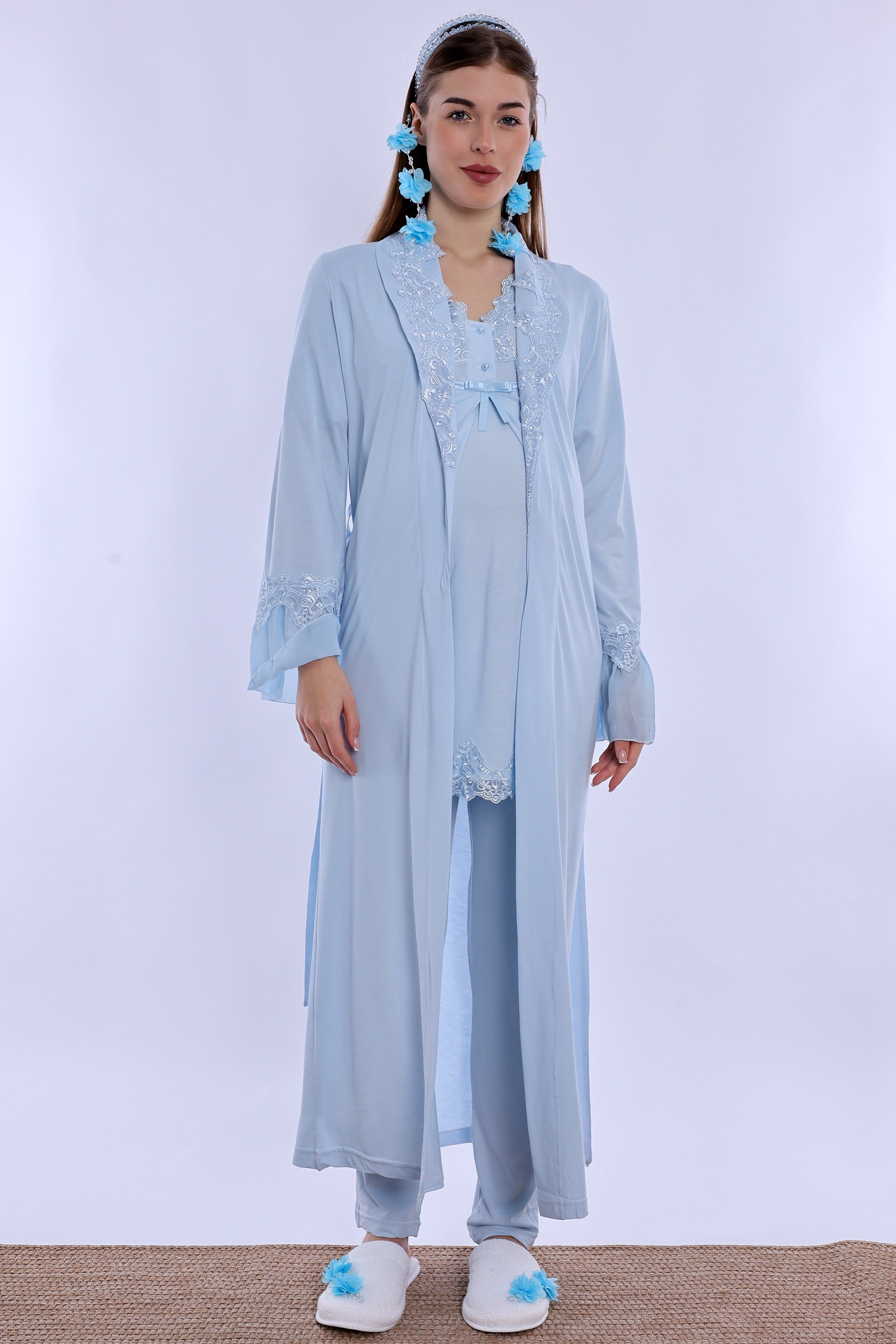 250342 Doğum Öncesi ve Sonrası Emzirme Özellikli Sabahlıklı Lohusa Pijama Takımı  - Mavi
