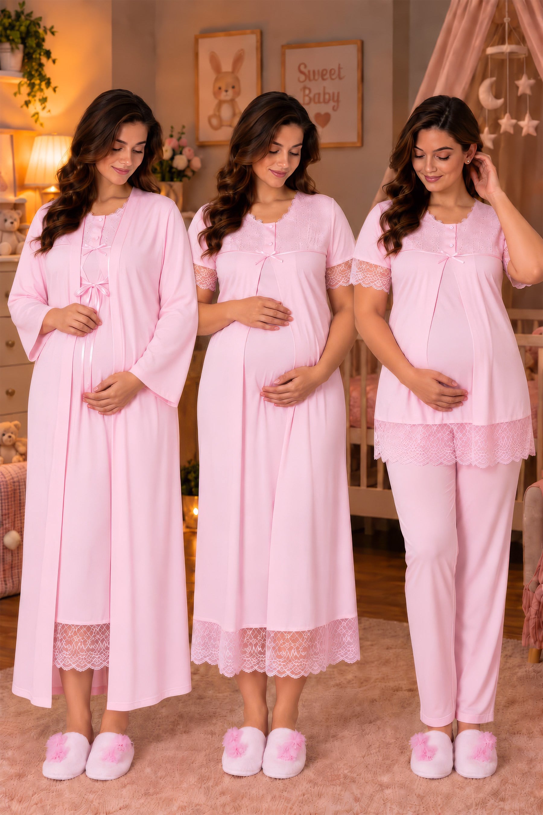 250462 Pembe Doğum Öncesi ve Sonrası İçin Emzirme Özellikli Hamile Lohusa Set