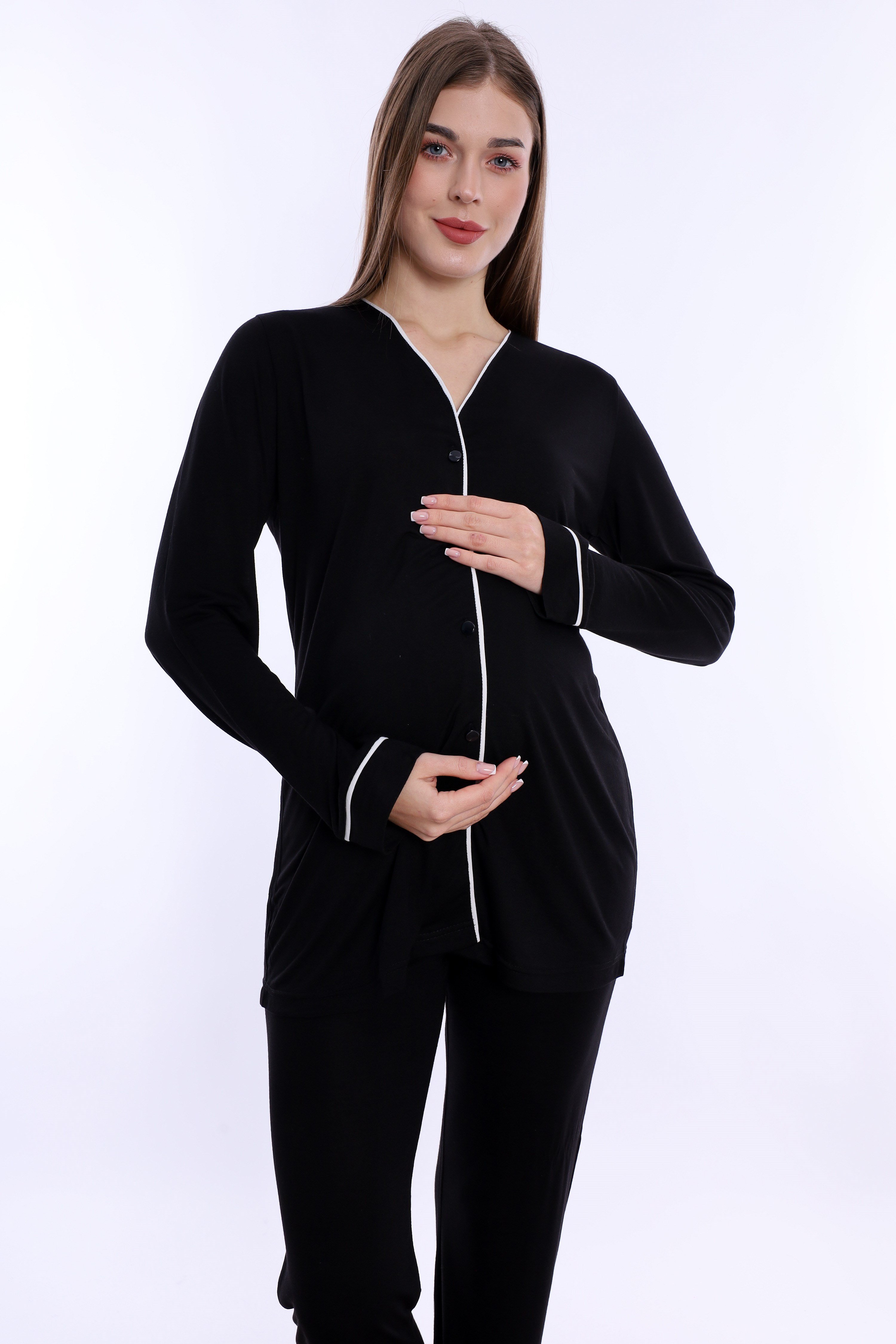 250722 Ayarlanabilir Bel Detaylı Emzirme Özellikli Hamile Lohusa Pijama Takımı  - Siyah