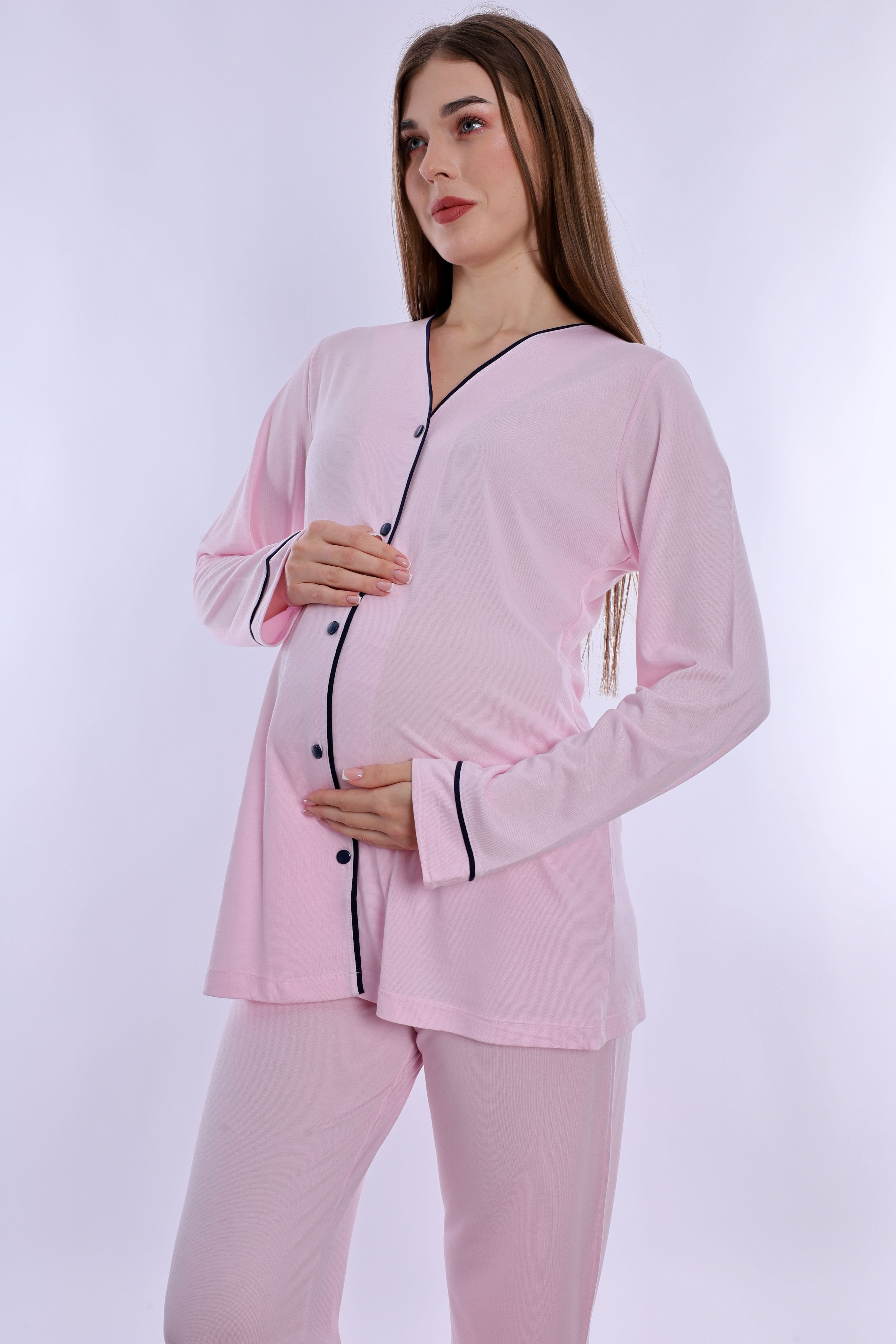 250722 Ayarlanabilir Bel Detaylı Emzirme Özellikli Hamile Lohusa Pijama Takımı  - Pembe