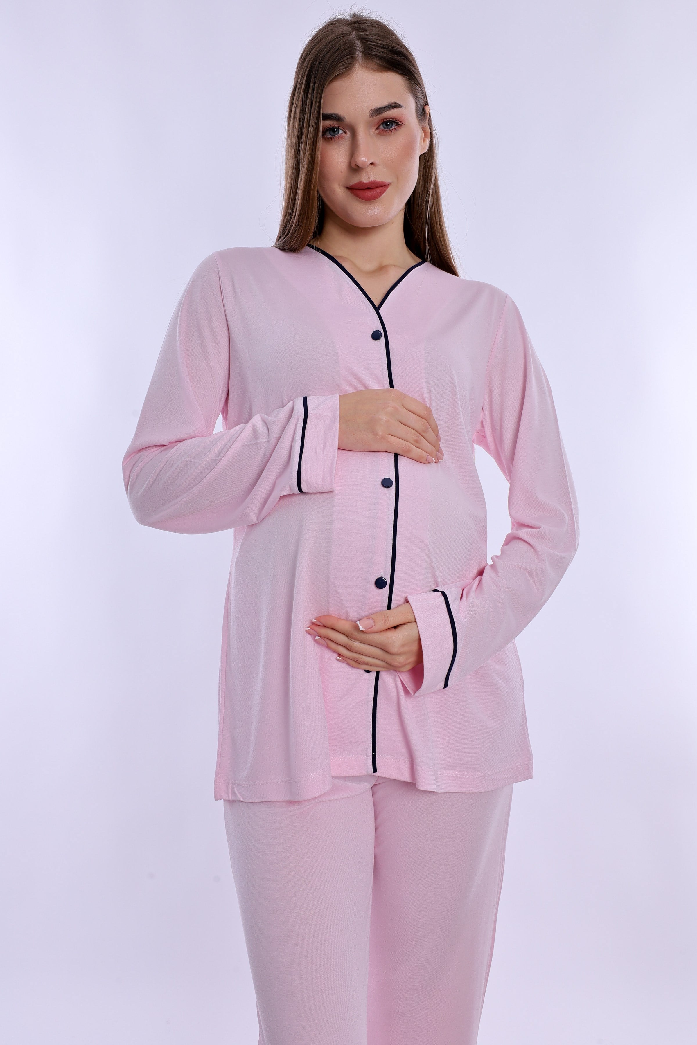250722 Ayarlanabilir Bel Detaylı Emzirme Özellikli Hamile Lohusa Pijama Takımı  - Pembe