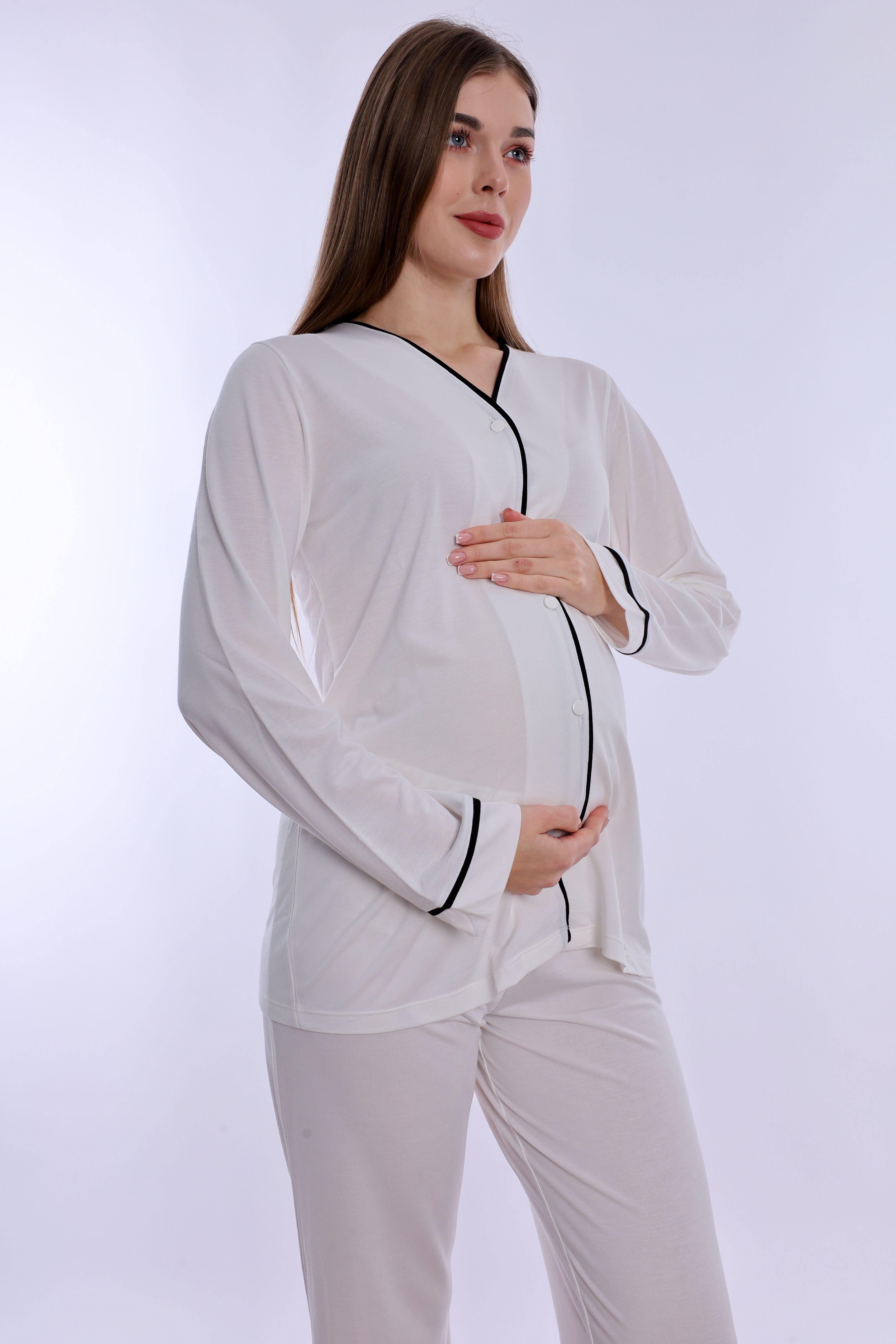 250722 Ayarlanabilir Bel Detaylı Emzirme Özellikli Hamile Lohusa Pijama Takımı  - Ekru