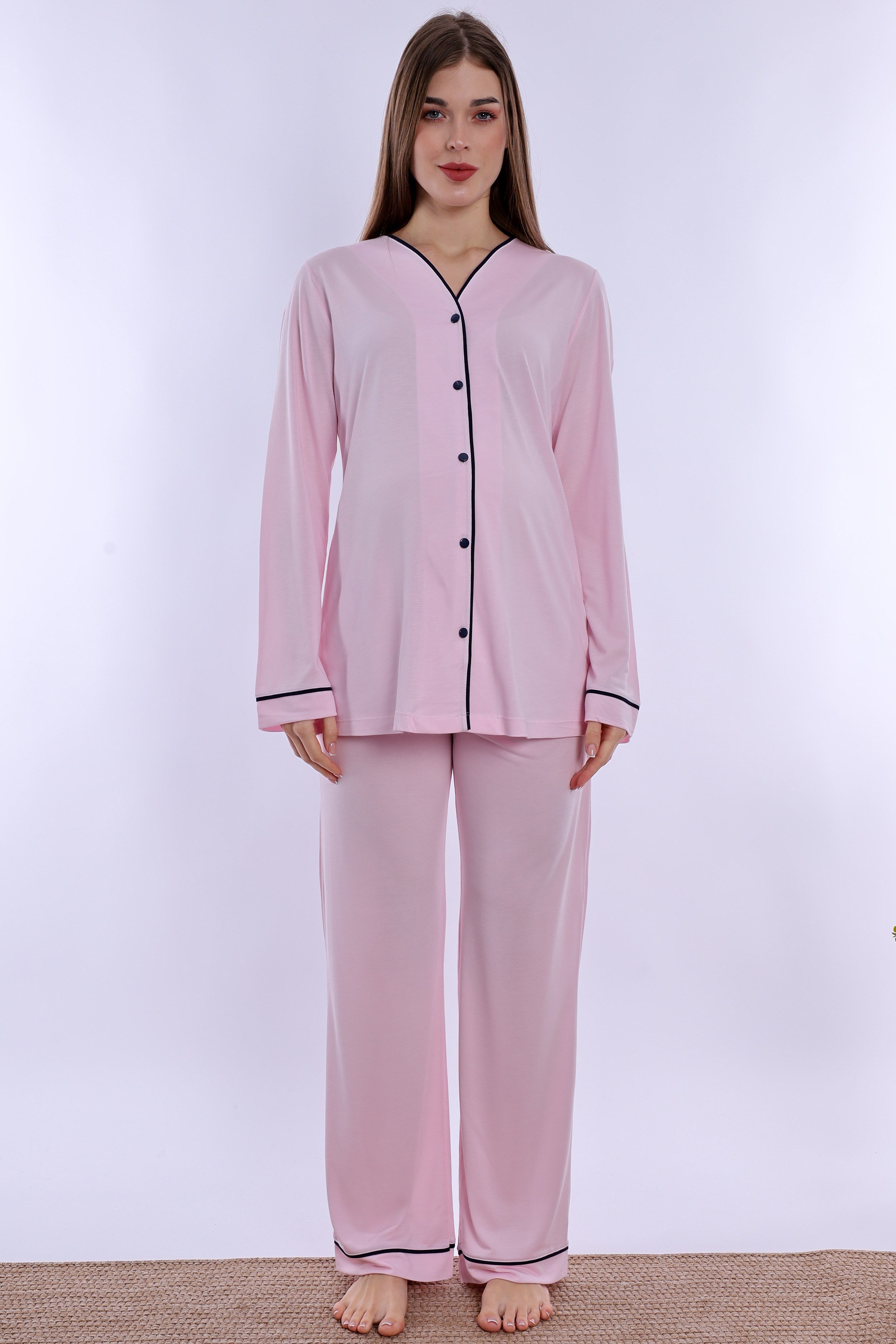 250722 Ayarlanabilir Bel Detaylı Emzirme Özellikli Hamile Lohusa Pijama Takımı  - Pembe