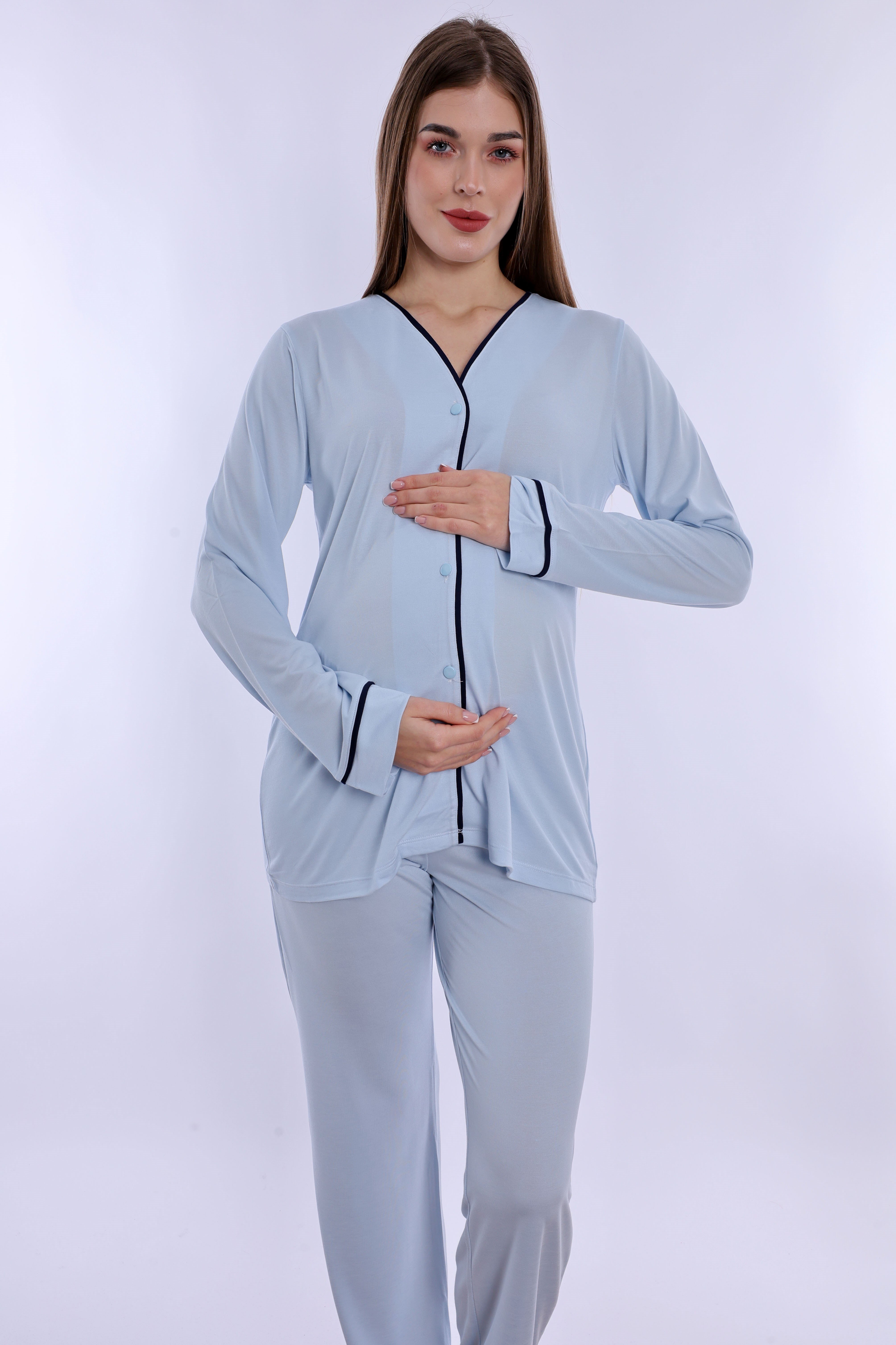 250722 Ayarlanabilir Bel Detaylı Emzirme Özellikli Hamile Lohusa Pijama Takımı  - Mavi