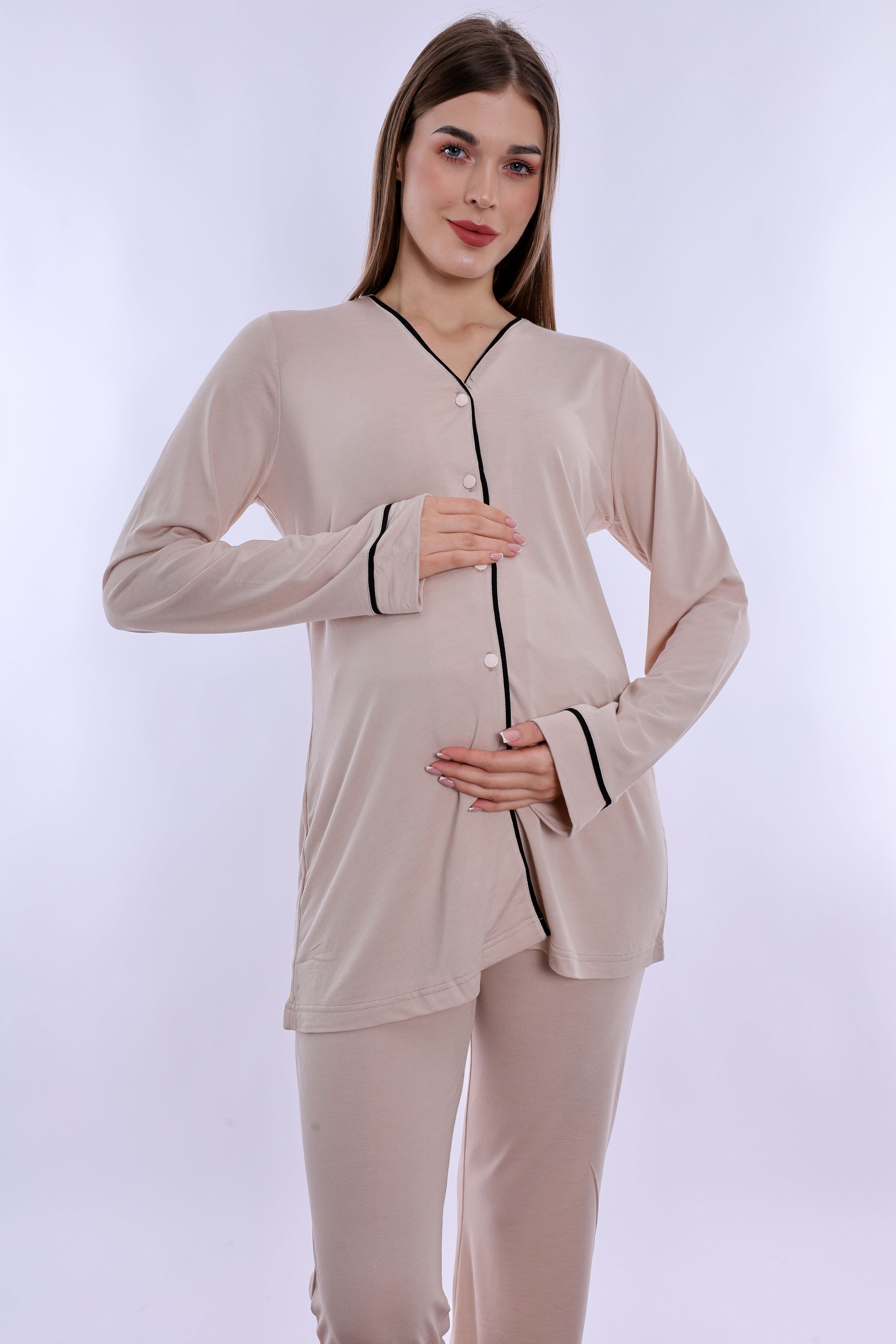 250722 Ayarlanabilir Bel Detaylı Emzirme Özellikli Hamile Lohusa Pijama Takımı  - Kahve