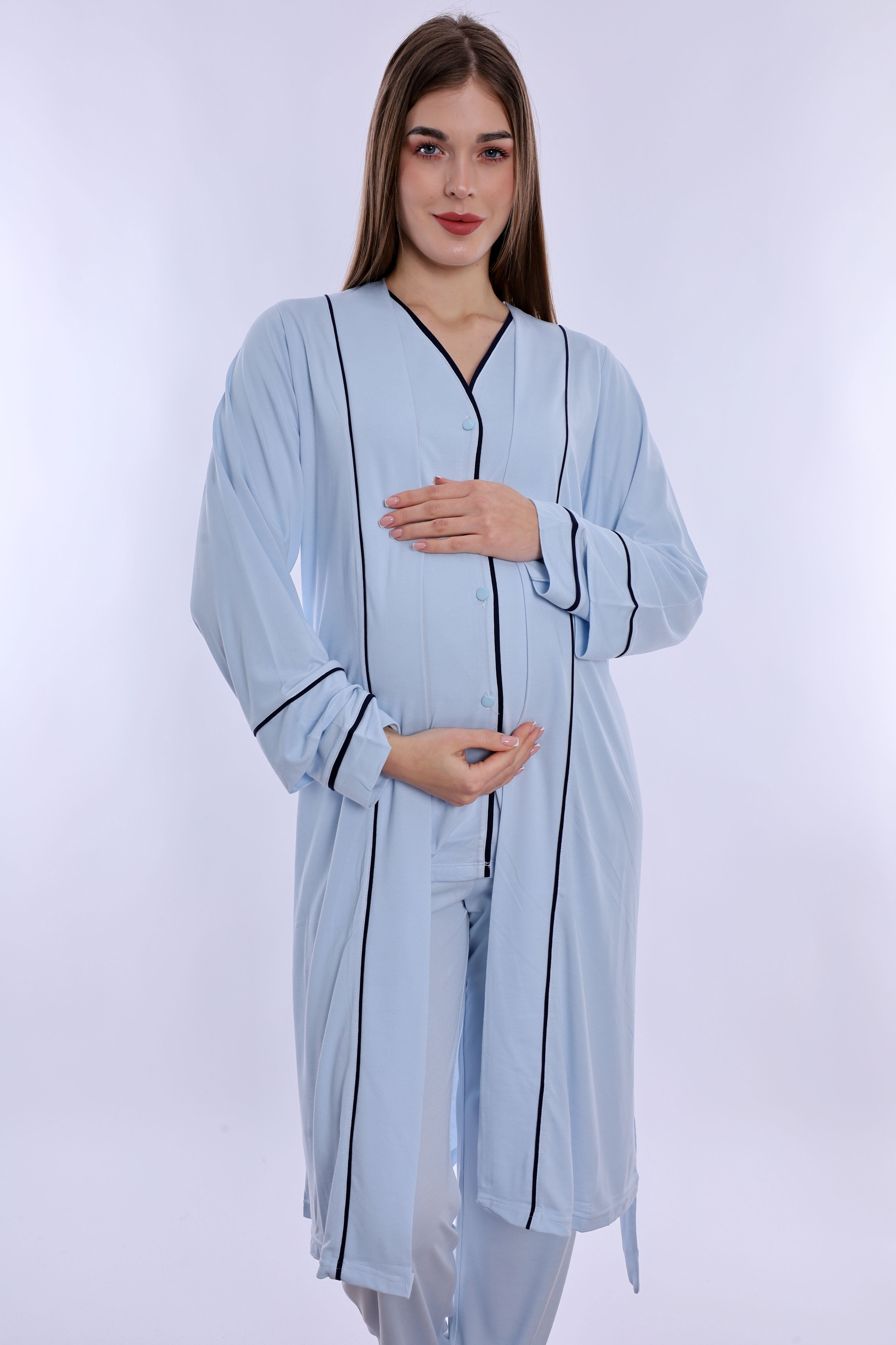 250742 Yumuşak Dokulu Pamuklu Sabahlıklı Hamile Lohusa Pijama Takımı  - Mavi