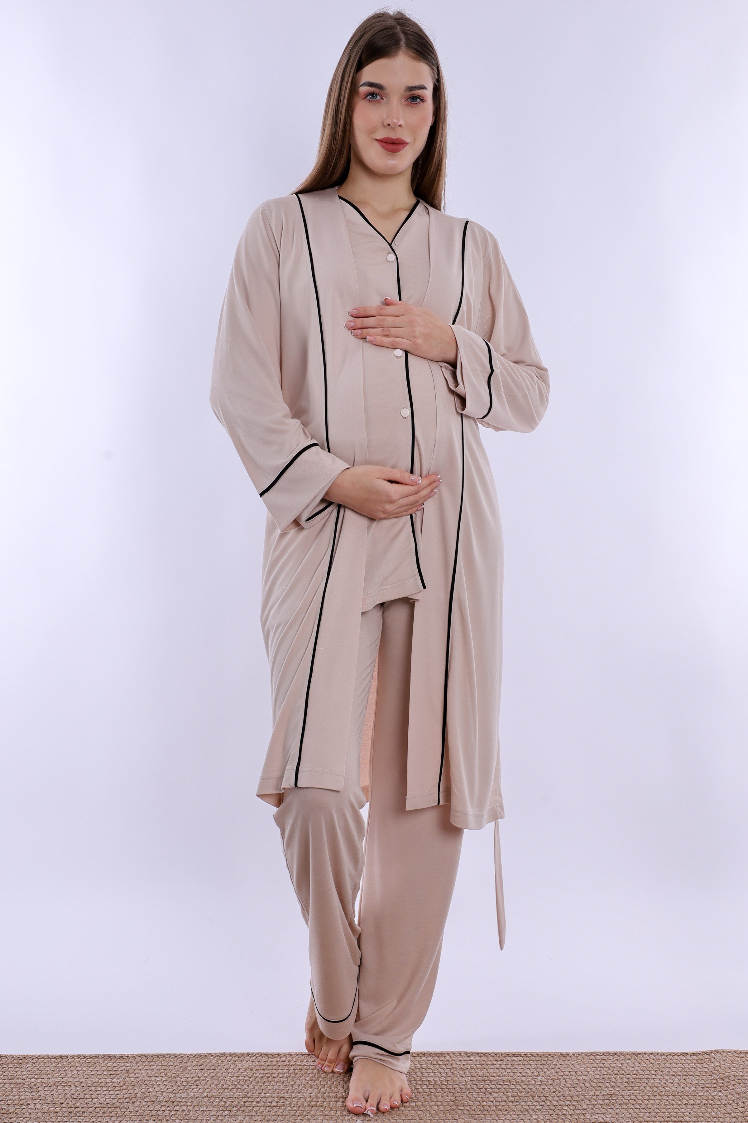 250742 Yumuşak Dokulu Pamuklu Sabahlıklı Hamile Lohusa Pijama Takımı  - Kahve