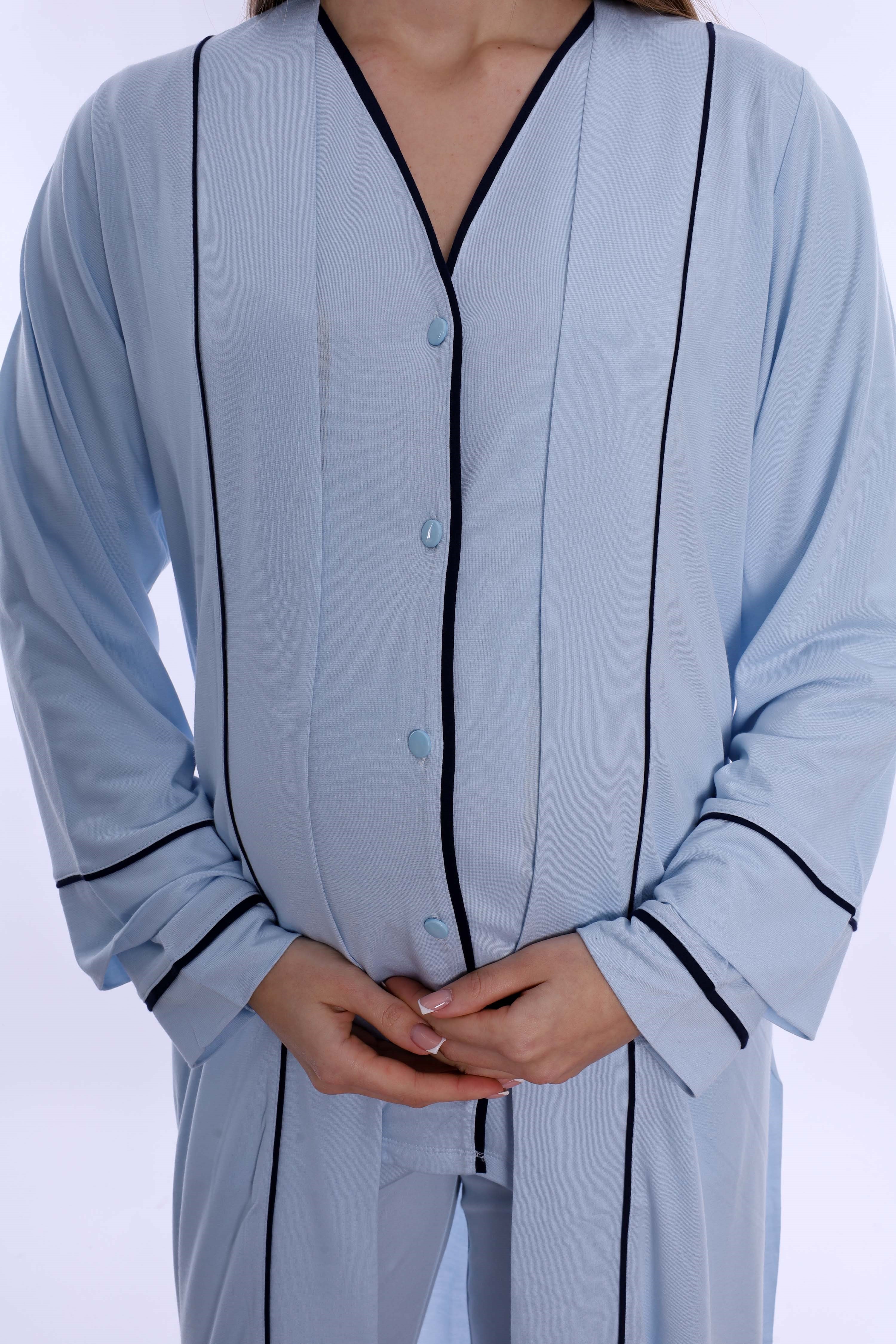 250742 Yumuşak Dokulu Pamuklu Sabahlıklı Hamile Lohusa Pijama Takımı  - Mavi